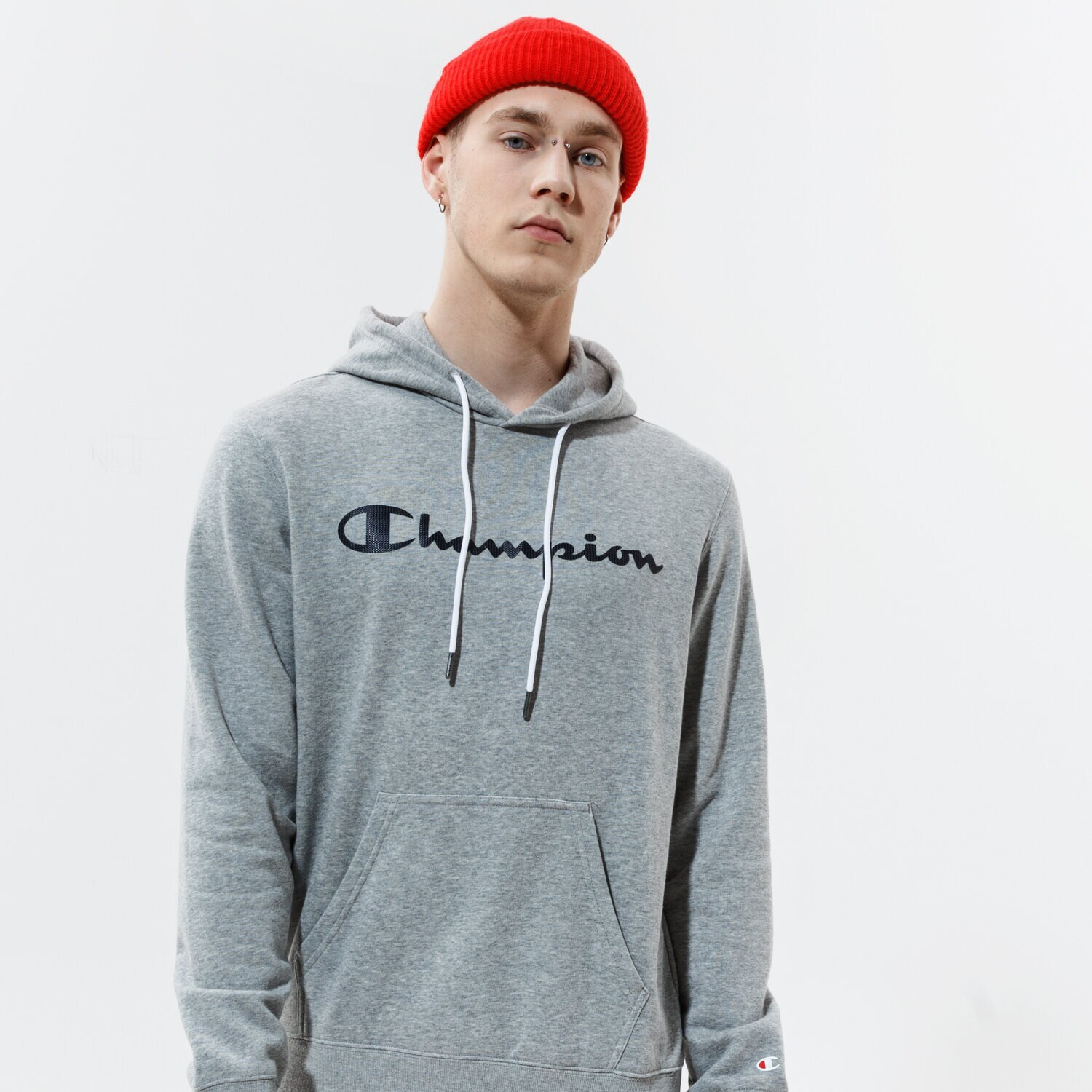 CHAMPION BLUZA Z KAPTUREM HOODED SWEATSHIRT 214138EM006 SZARY Męskie