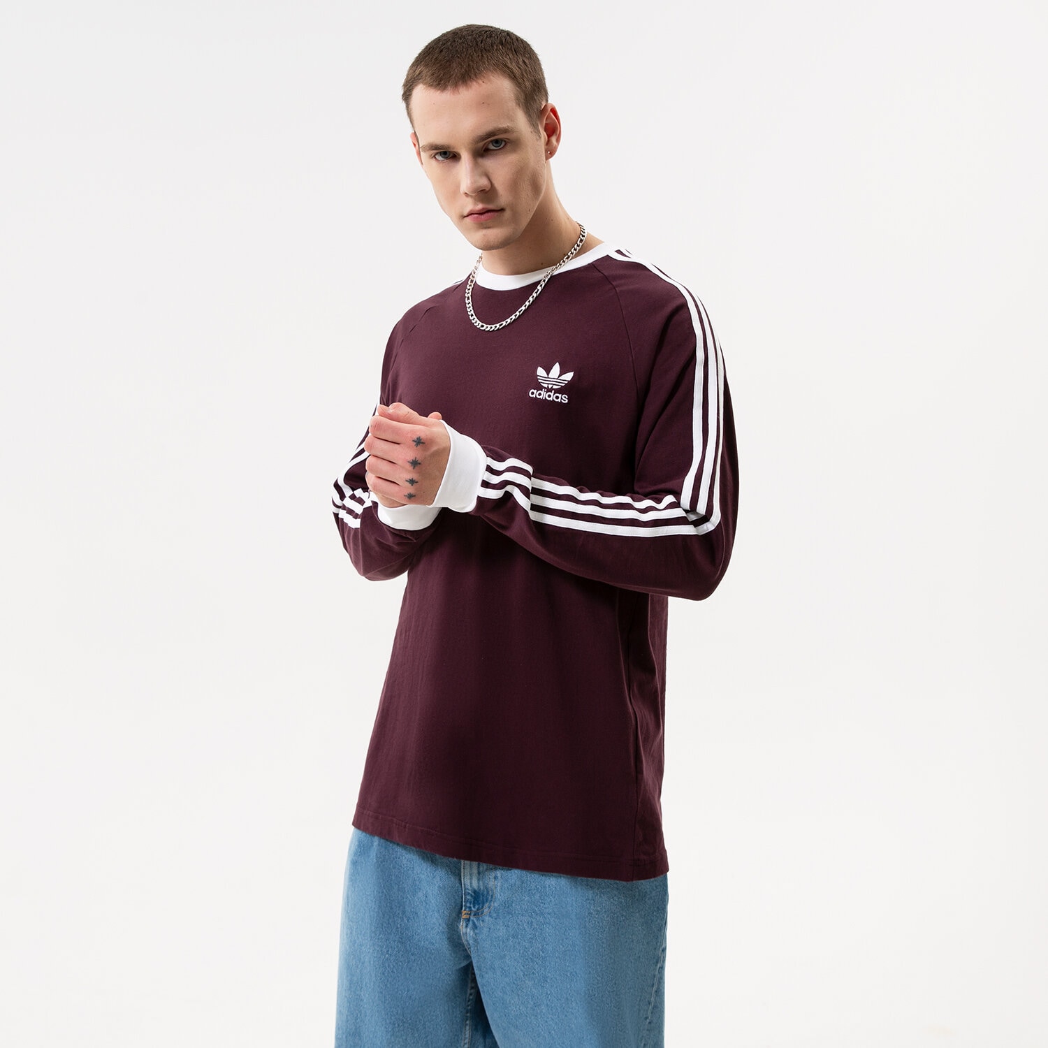 Koszulka, t-shirt sportowy męski ADIDAS T-SHIRT 3-STRIPES LS T HK7288 BORDOWY