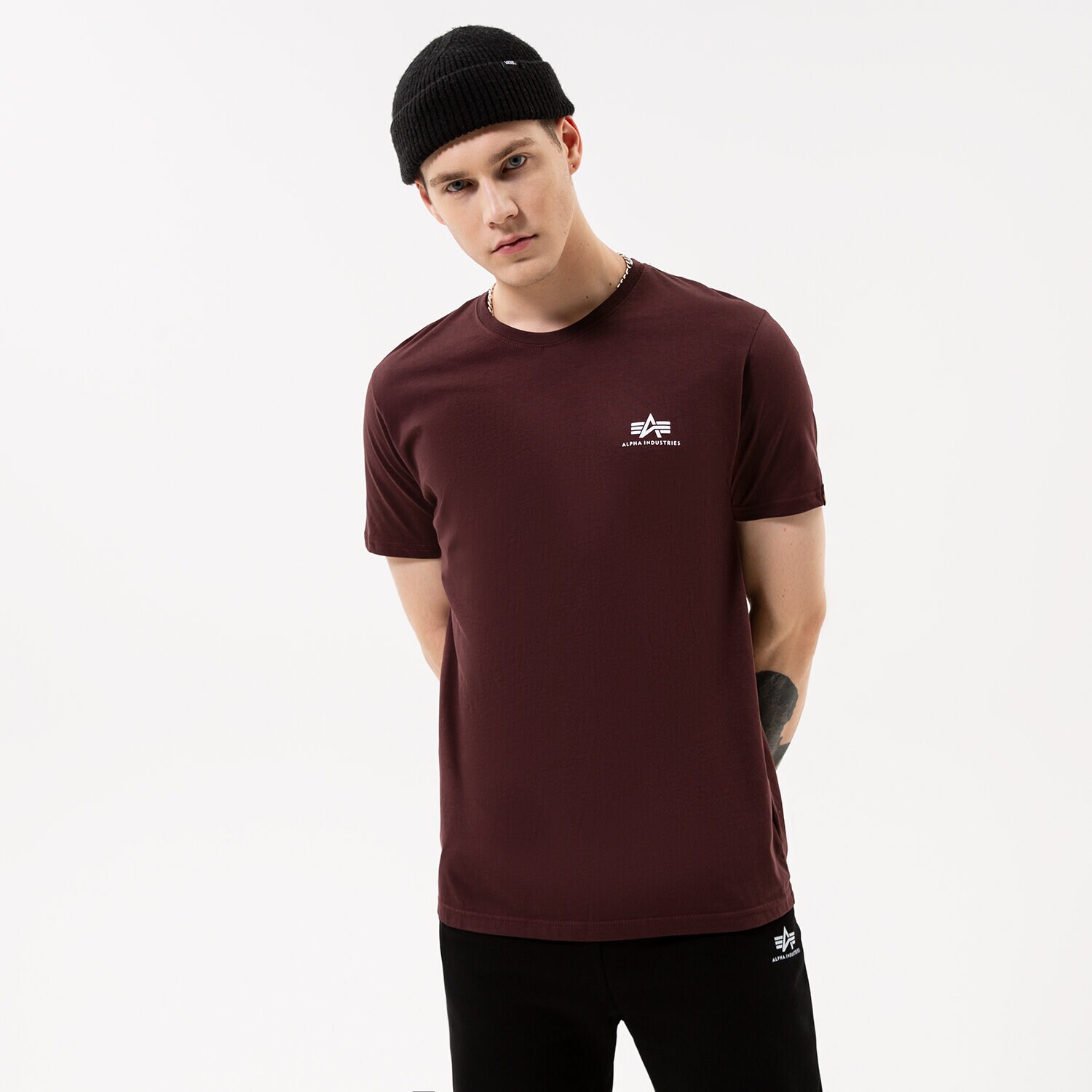 Koszulka, t-shirt sportowy męski ALPHA INDUSTRIES T-SHIRT BASIC T SMALL LOGO 188505-21 BORDOWY