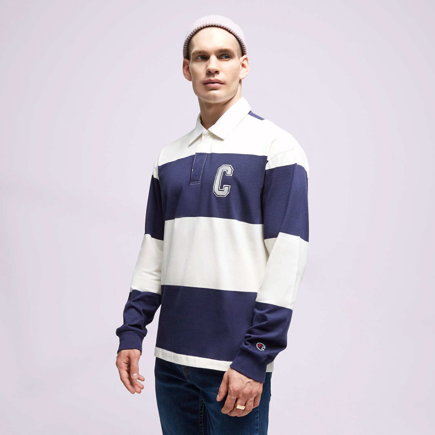 Koszulka, t-shirt sportowy męski CHAMPION T-SHIRT STRIPED POLO 219181BS561 GRANATOWY