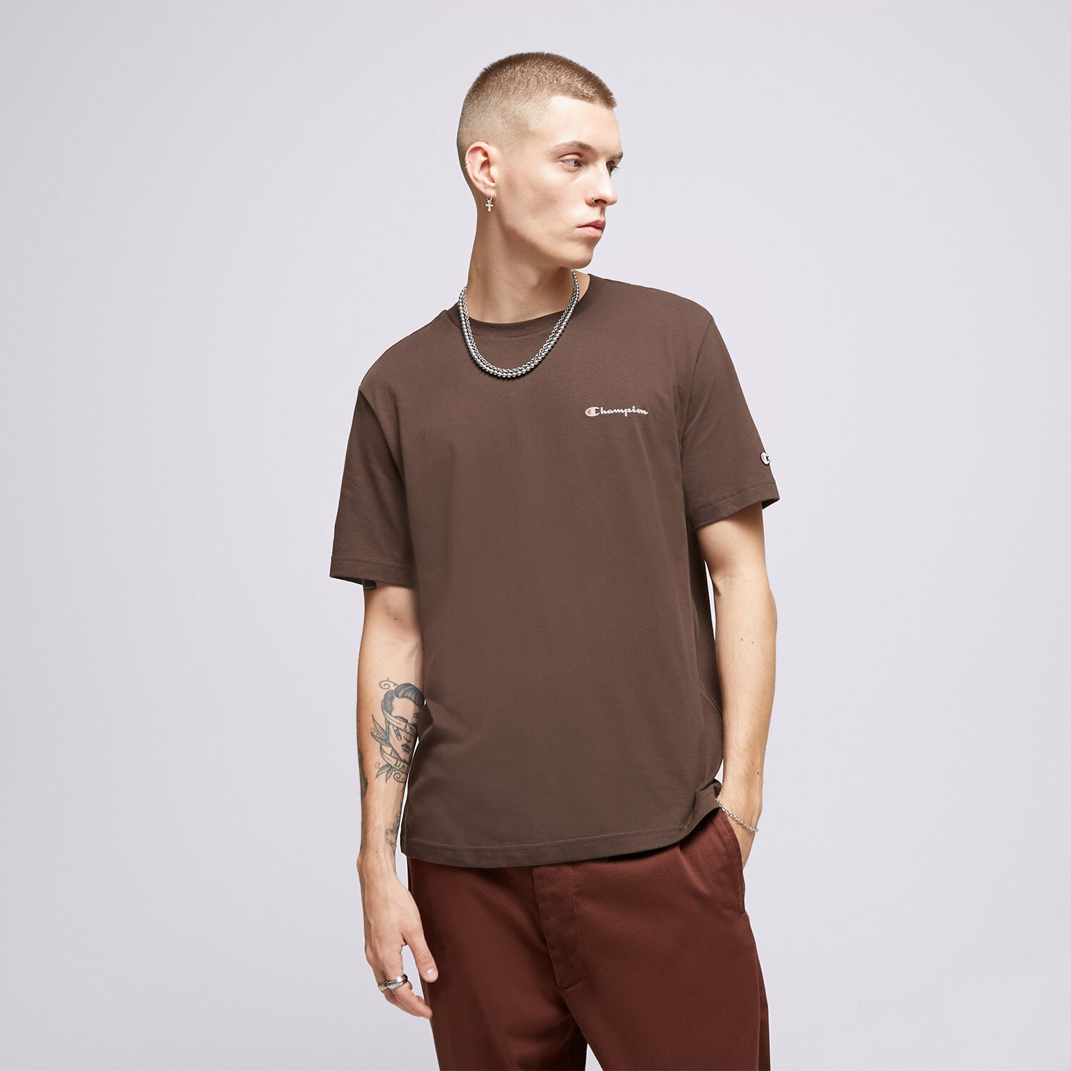 Koszulka, t-shirt sportowy męski CHAMPION T-SHIRT CREWNECK 219214MS548 BRĄZOWY
