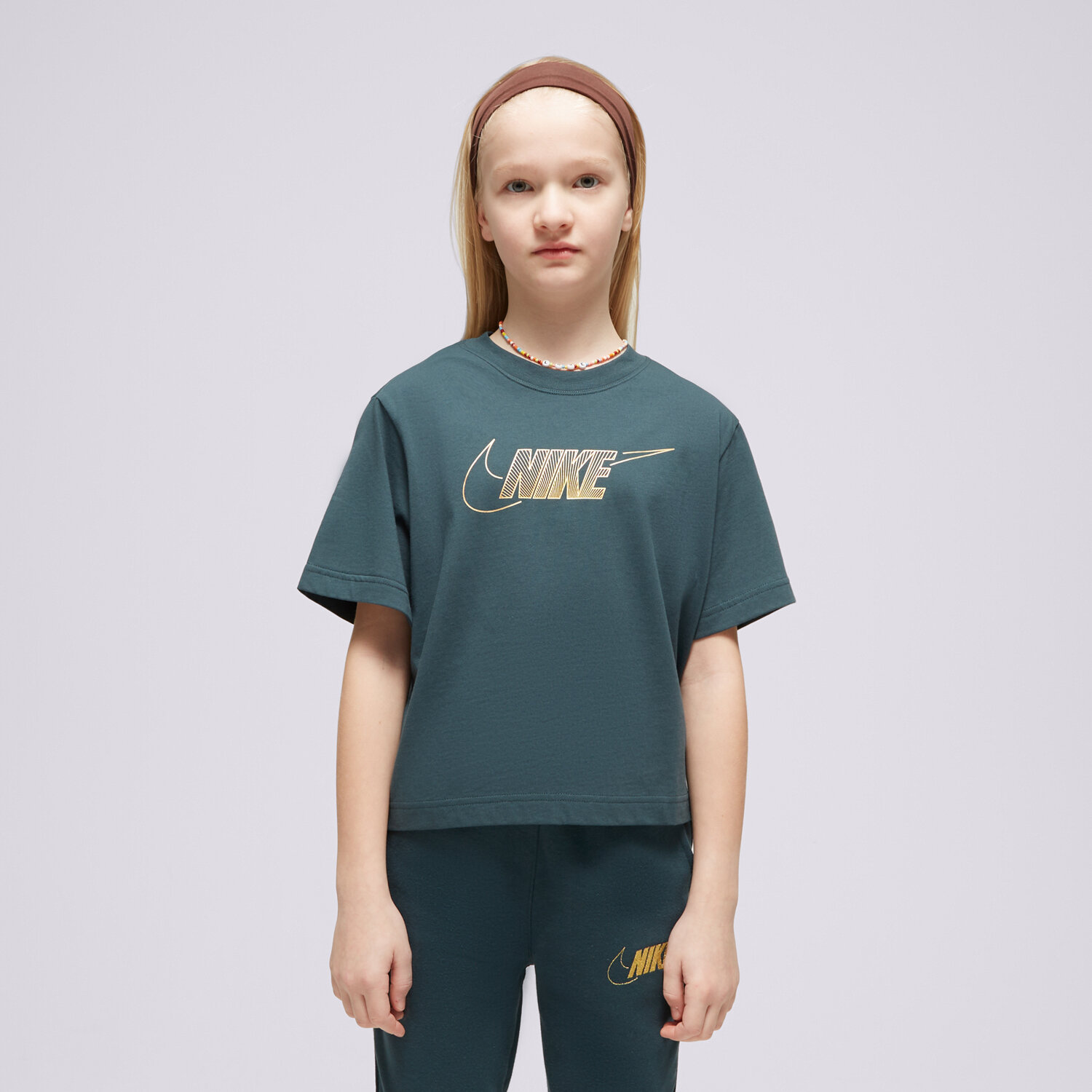 Koszulka, t-shirt dla dzieci NIKE T SHIRT G NSW TEE BOXY METALLIC HBR GIRL FJ6785-328 ZIELONY