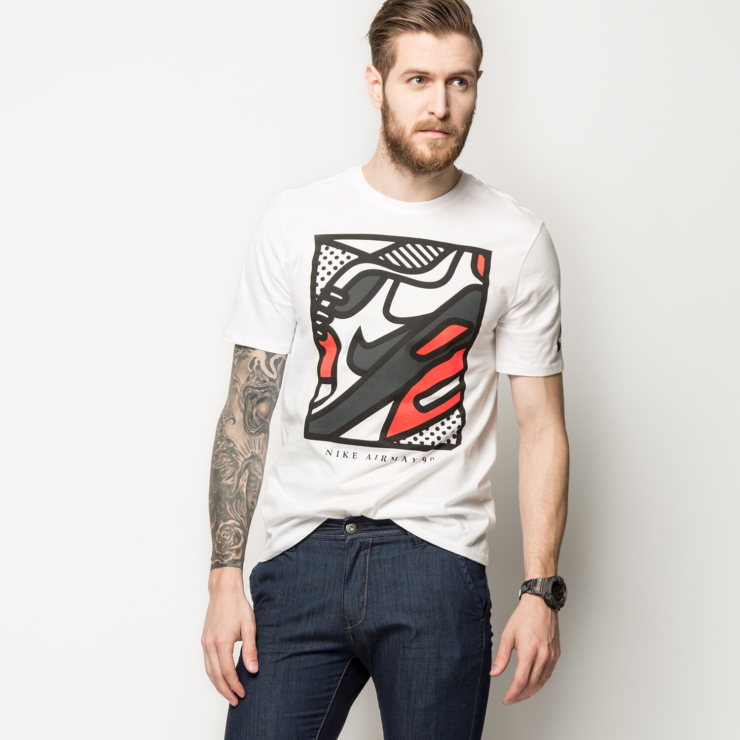 Koszulka, t-shirt sportowy męski NIKE T-SHIRT AM90 POP ART 829262100 BIAŁY