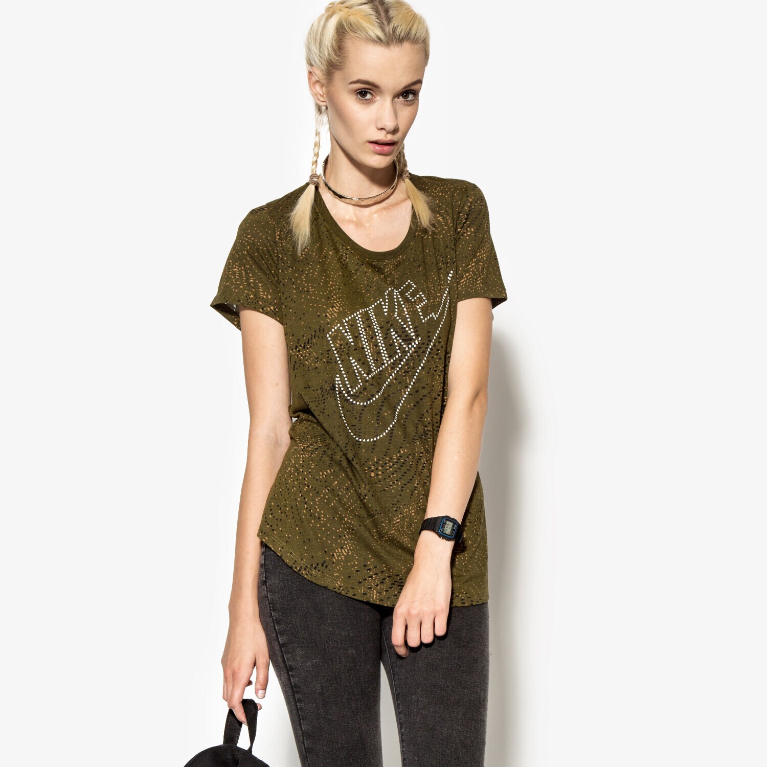 Koszulka, t-shirt damski NIKE T-SHIRT TEE-BF BURNOUT GLITCH 803993368 KHAKI