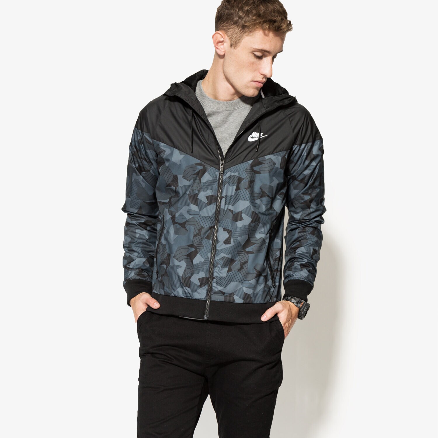 Kurtka wiosenna / jesienna męska NIKE KURTKA M NSW WR AOP HOODIE FZ BB 823369010 SZARY