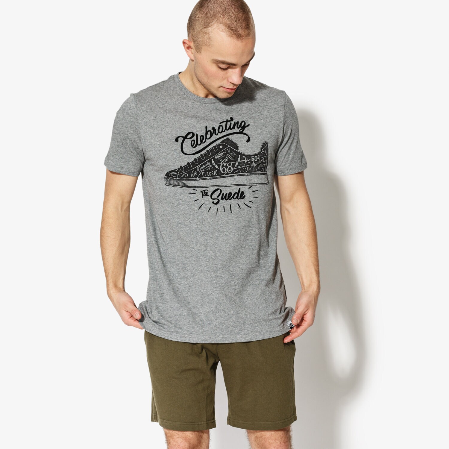 Koszulka, t-shirt sportowy męski PUMA T-SHIRT SS SUEDE CELEBRATION TEE 85083603 SZARY