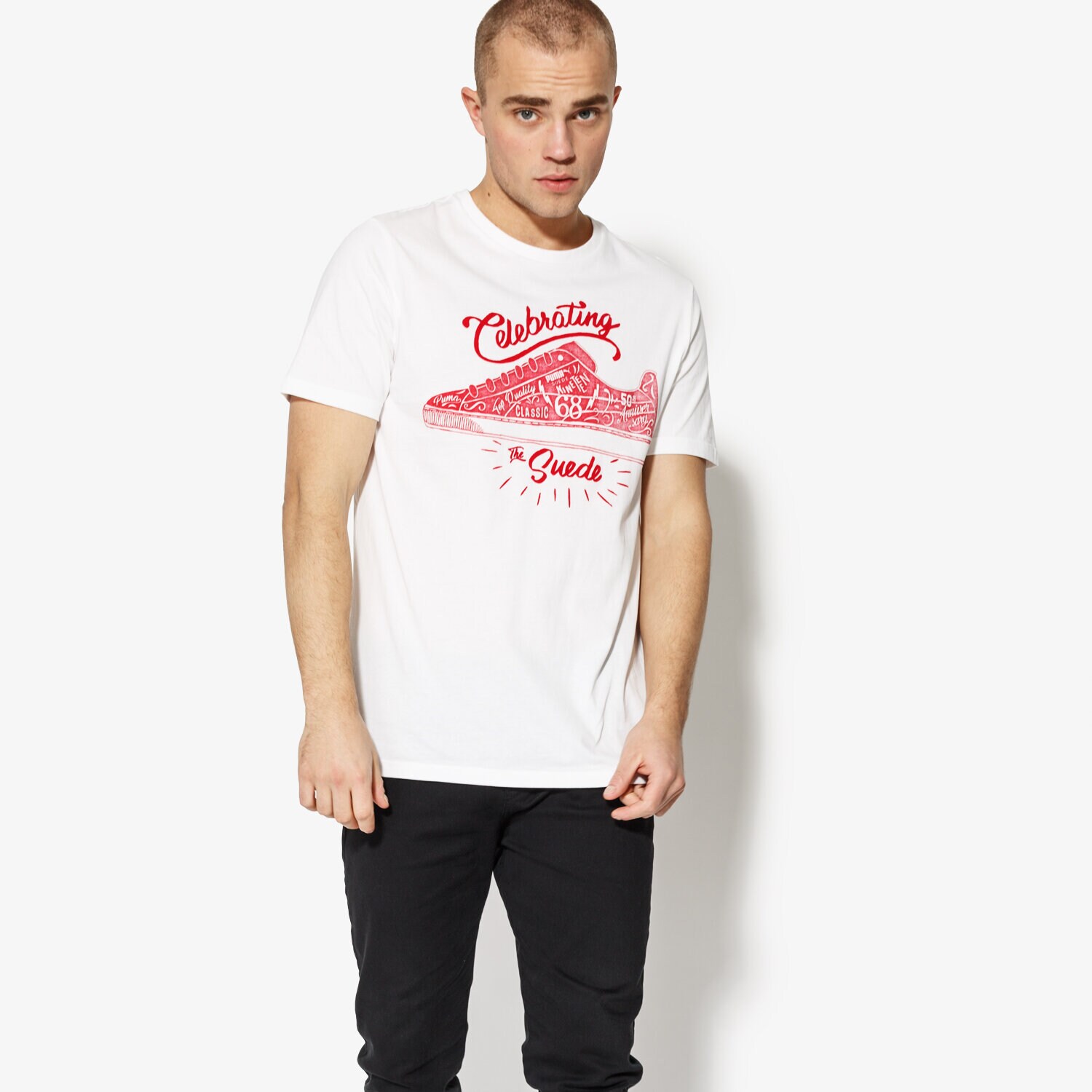 Koszulka, t-shirt sportowy męski PUMA T-SHIRT SS SUEDE CELEBRATION TEE 85083602 BIAŁY