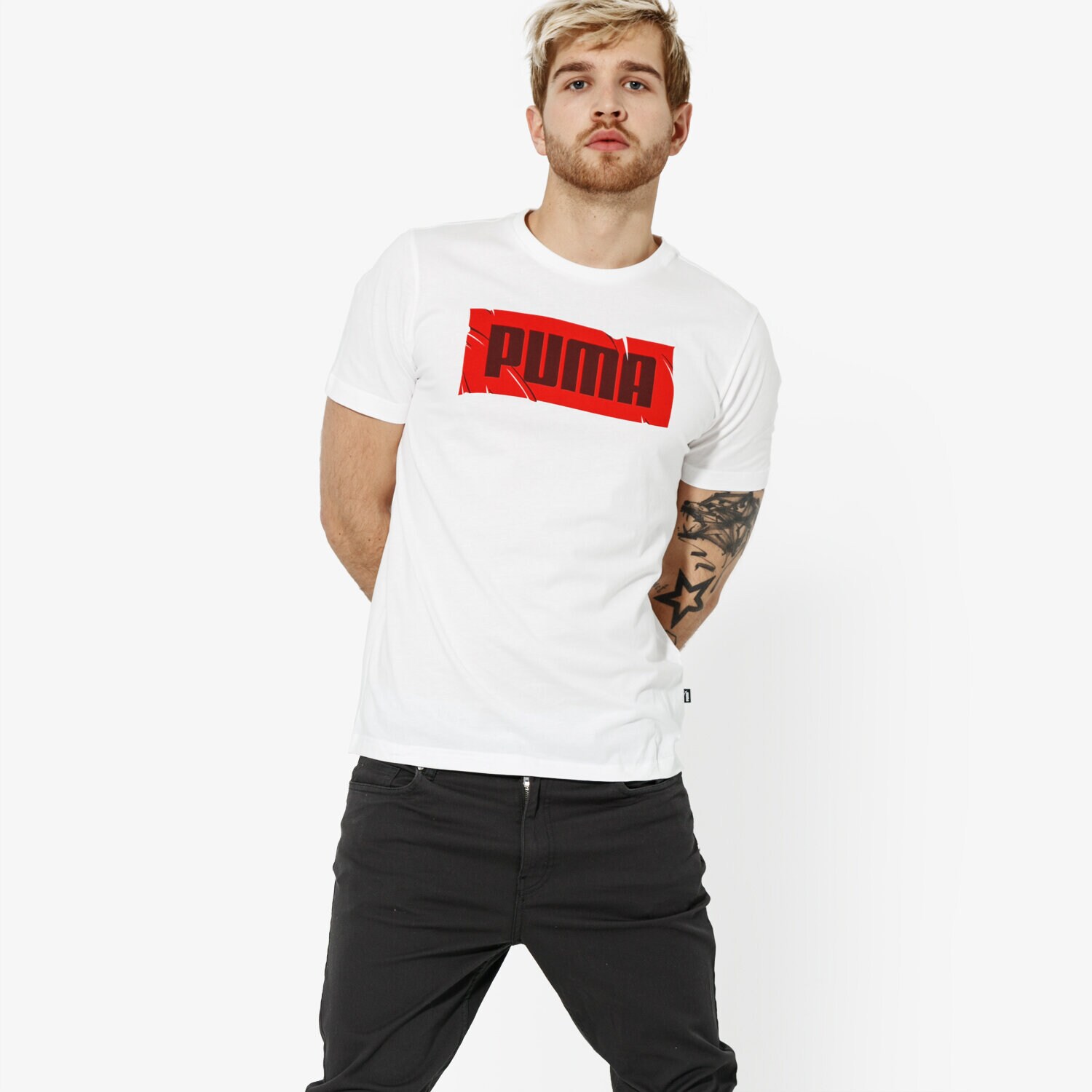 Koszulka, t-shirt sportowy męski PUMA T-SHIRT SS WORDING TEE GRAPHIC 85407202 BIAŁY