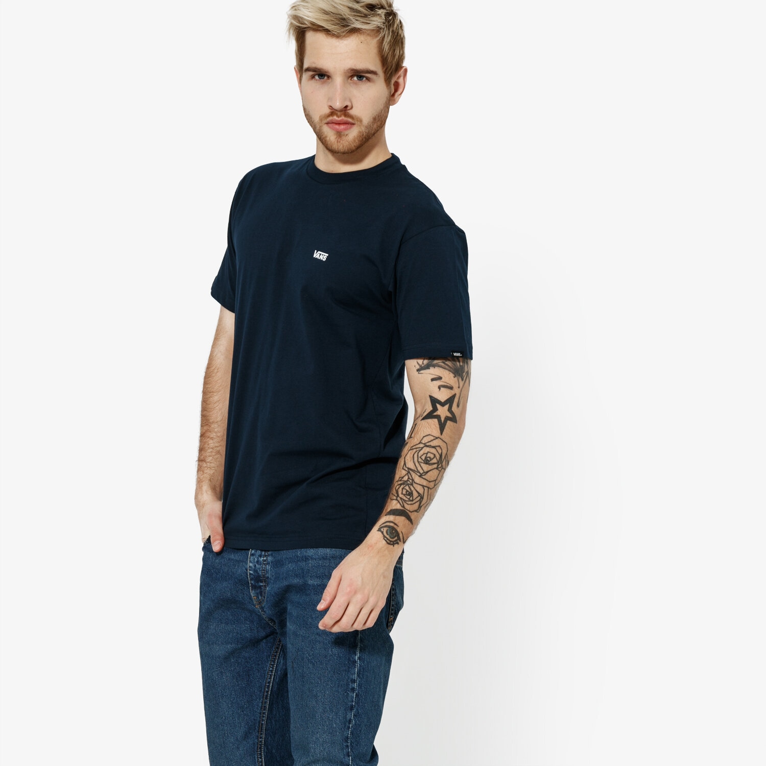 Koszulka, t-shirt sportowy męski VANS T-SHIRT SS MN LEFT CHEST LOGO TEE NVY VN0A3CZENAV1 GRANATOWY