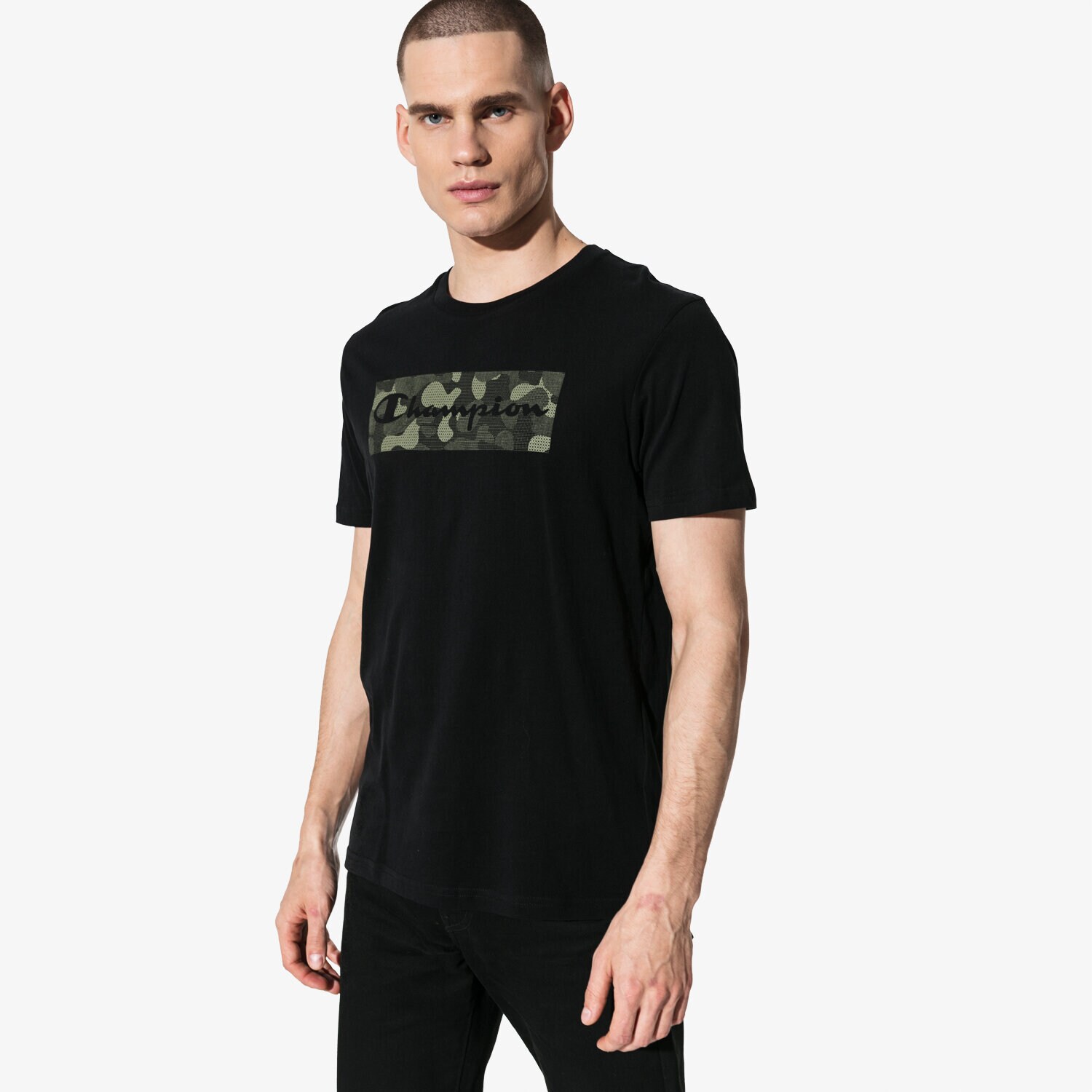 Koszulka, t-shirt sportowy męski CHAMPION T-SHIRT SS PRINTED T-SHIRT CHZ191183-2175 CZARNY
