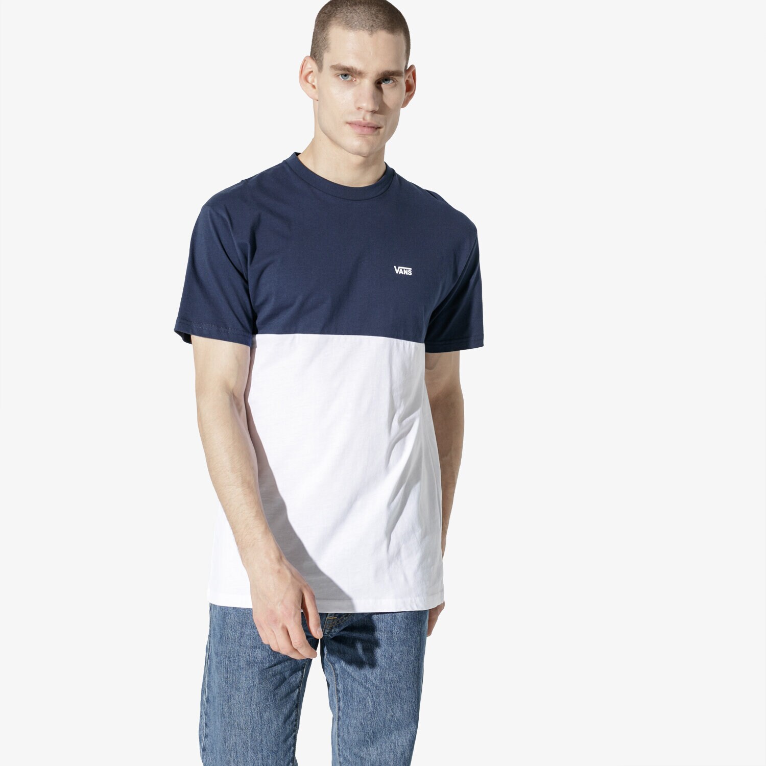 Koszulka, t-shirt sportowy męski VANS T-SHIRT SS MN COLORBLOCK TEE NVY/WHT VN0A3CZD5S21 GRANATOWY