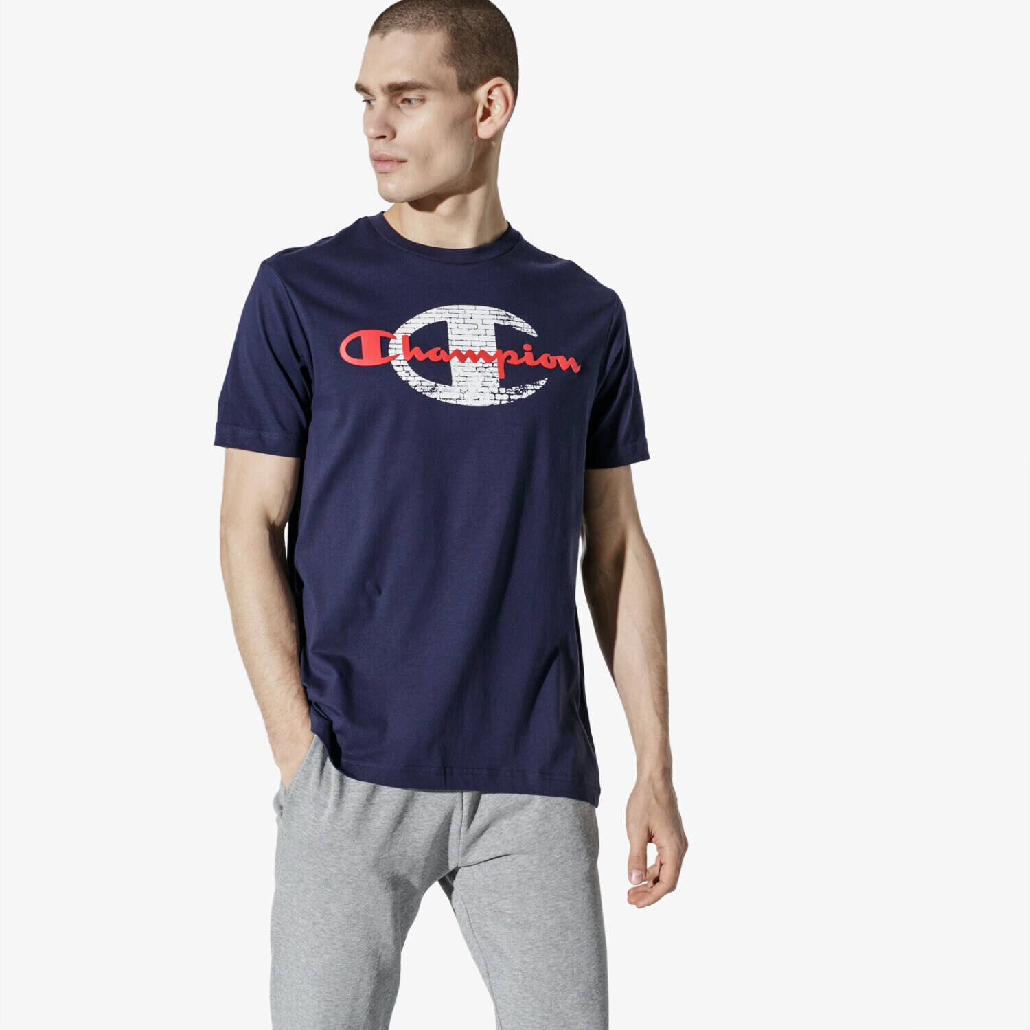Koszulka, t-shirt sportowy męski CHAMPION T-SHIRT SS BIG LOGO T-SHIRT CHZ191186-2192 GRANATOWY