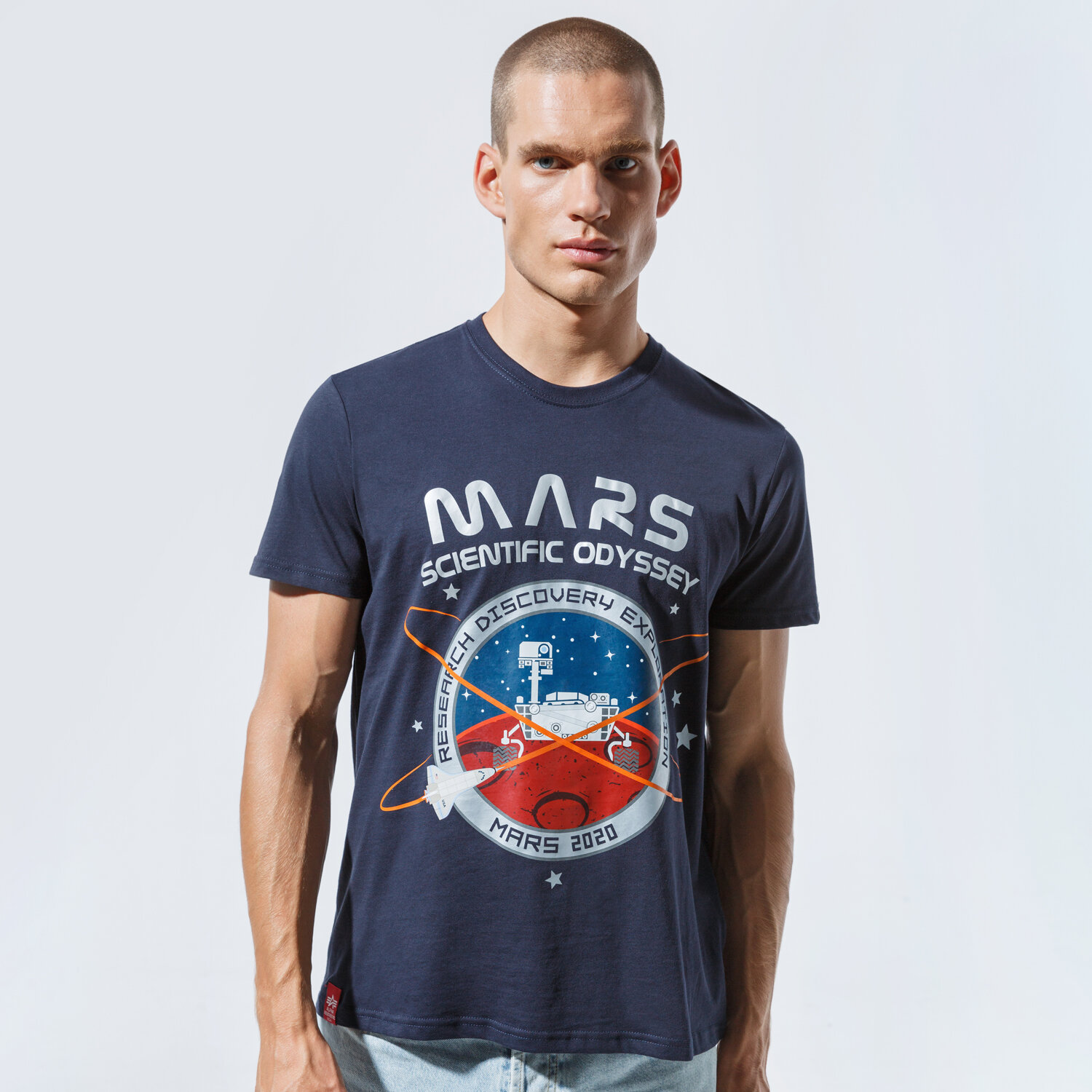 Koszulka, t-shirt sportowy męski ALPHA INDUSTRIES T-SHIRT MISSION TO MARS T 12653107 GRANATOWY