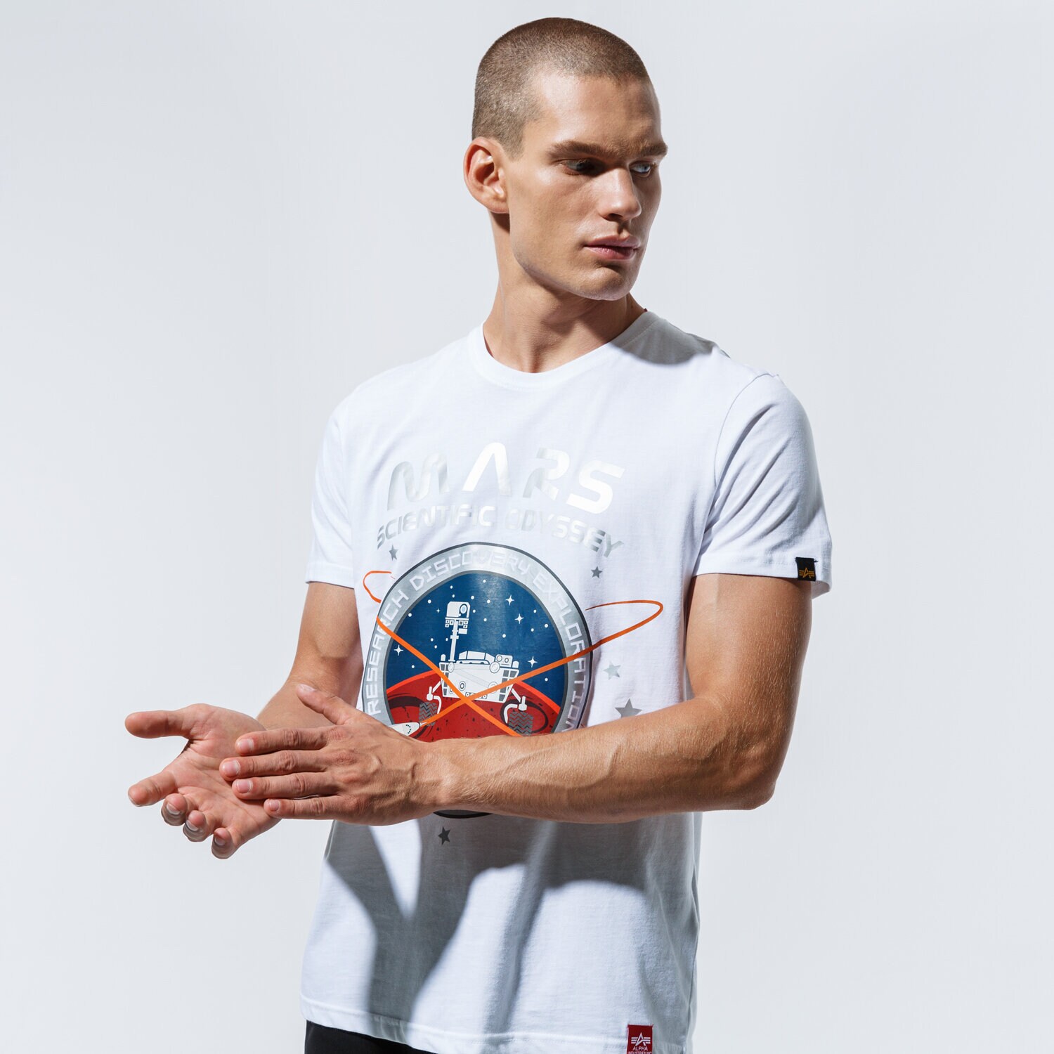 Koszulka, t-shirt sportowy męski ALPHA INDUSTRIES T-SHIRT MISSION TO MARS T 12653109 BIAŁY