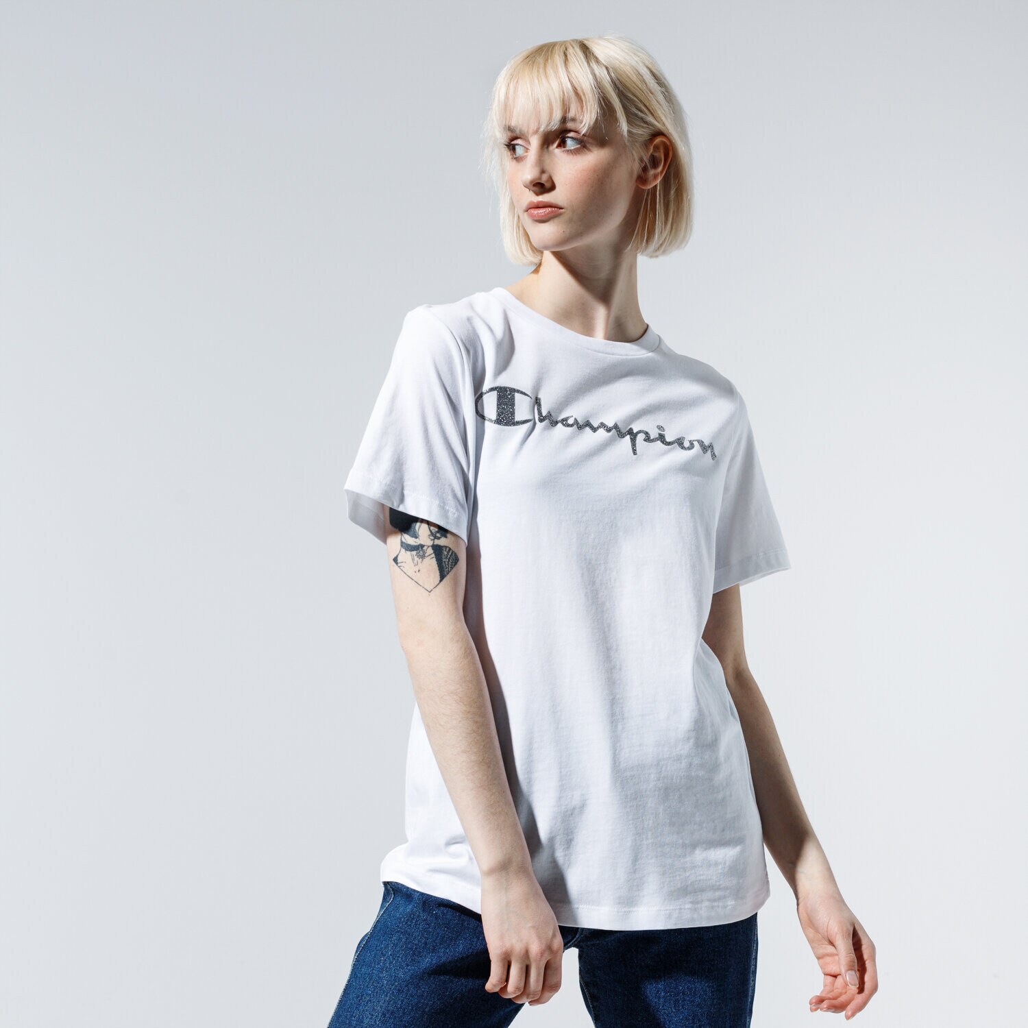 Koszulka, t-shirt damski CHAMPION T-SHIRT LADY SHINE LOGO TEE 113863WW001 BIAŁY