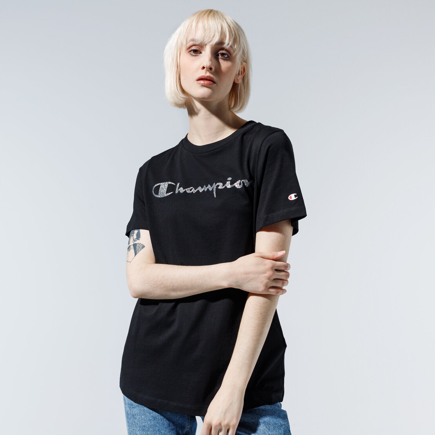 Koszulka, t-shirt damski CHAMPION T-SHIRT LADY SHINE LOGO TEE 113863KK001 CZARNY