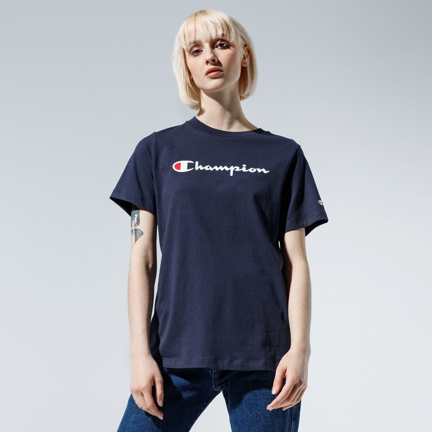 Koszulka, t-shirt damski CHAMPION T-SHIRT LADY LOGO TEE 113864BS501 GRANATOWY