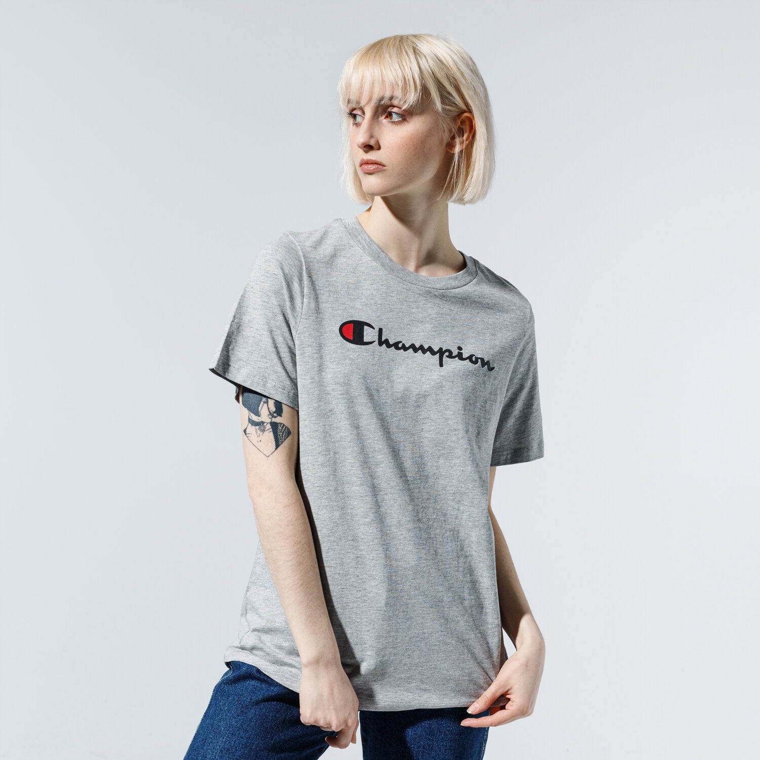 Koszulka, t-shirt damski CHAMPION T-SHIRT LADY LOGO TEE 113864EM006 SZARY