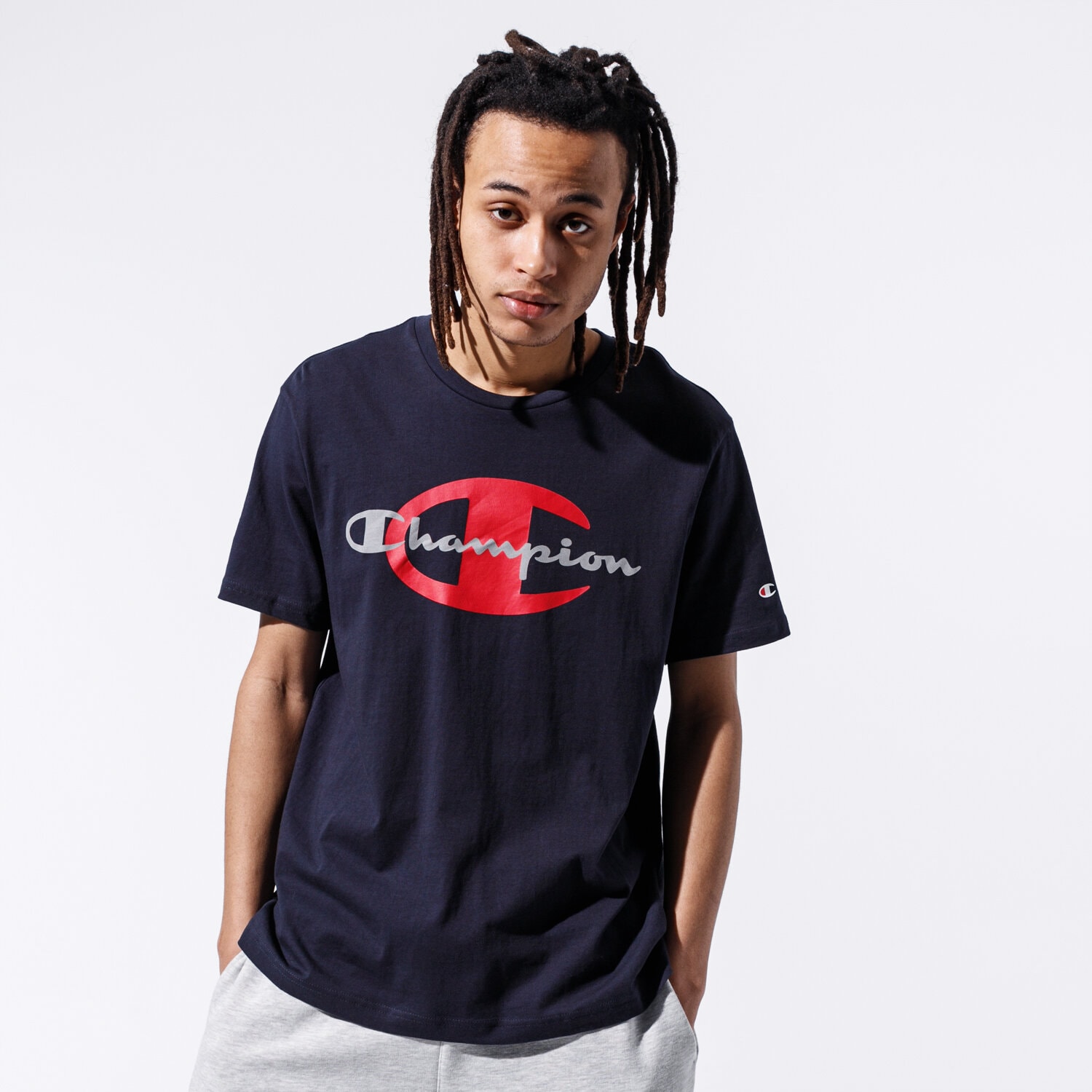 Koszulka, t-shirt sportowy męski CHAMPION T-SHIRT BIG LOGO TEE 215278BS501 GRANATOWY