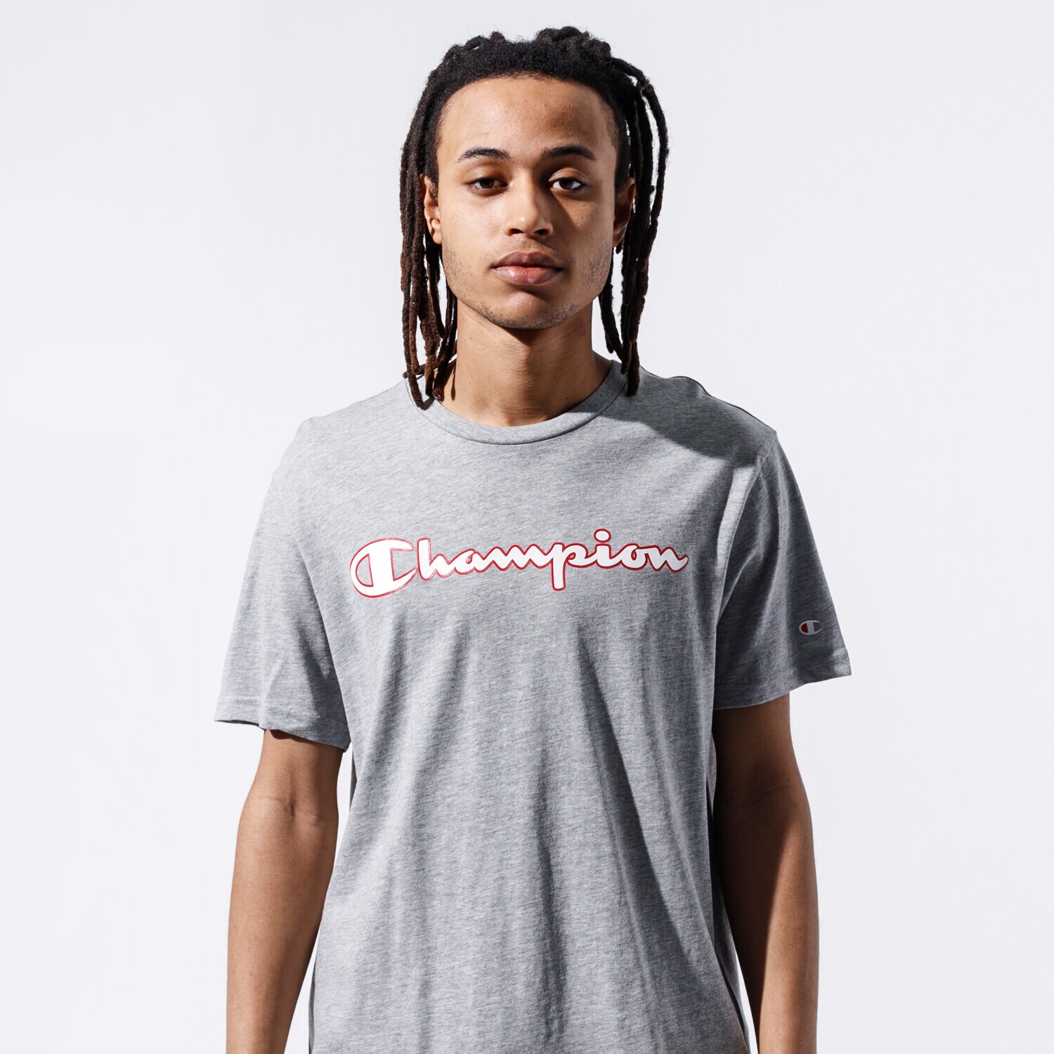 Koszulka, t-shirt sportowy męski CHAMPION T-SHIRT LOGO TEE 215280EM006 SZARY