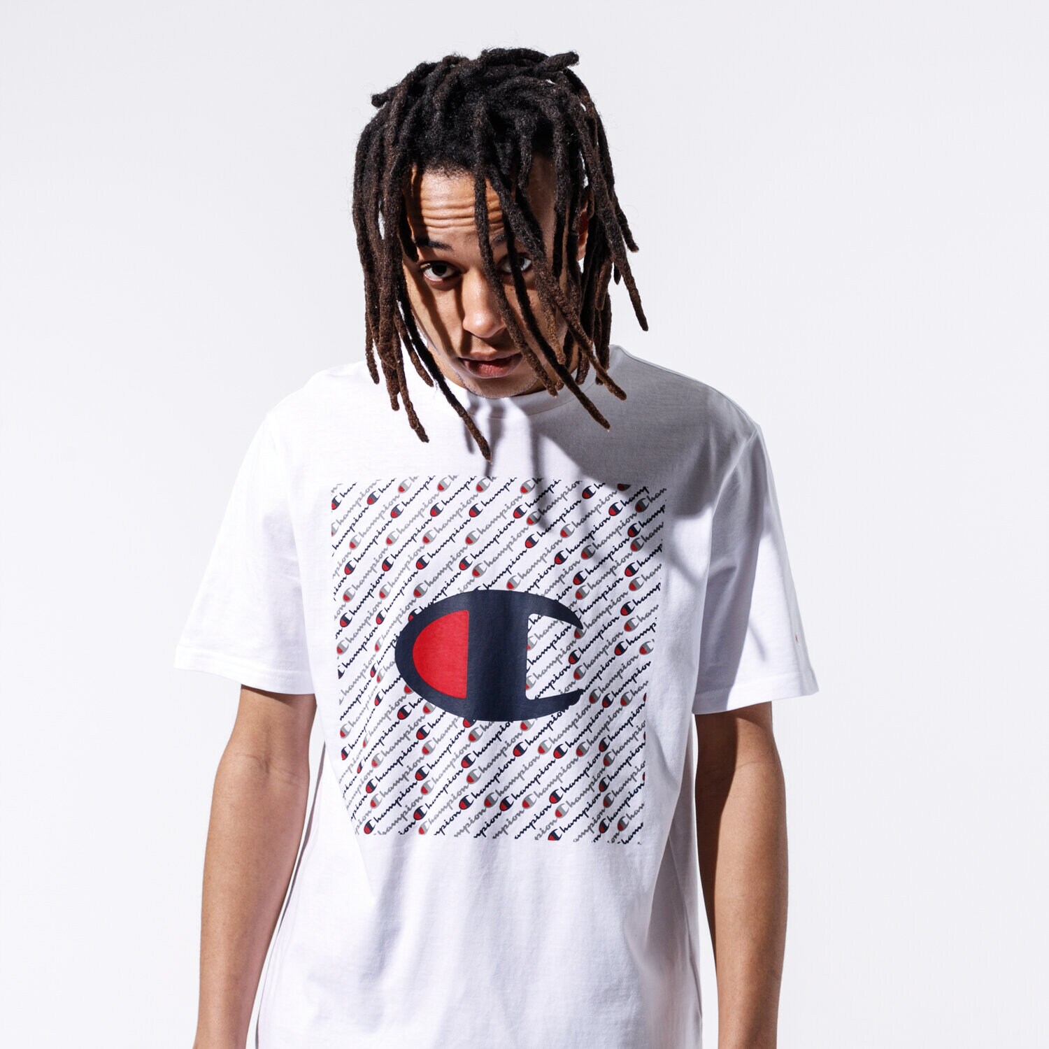 Koszulka, t-shirt sportowy męski CHAMPION T-SHIRT ALL OVER SQUARE TEE 215281WW001 BIAŁY
