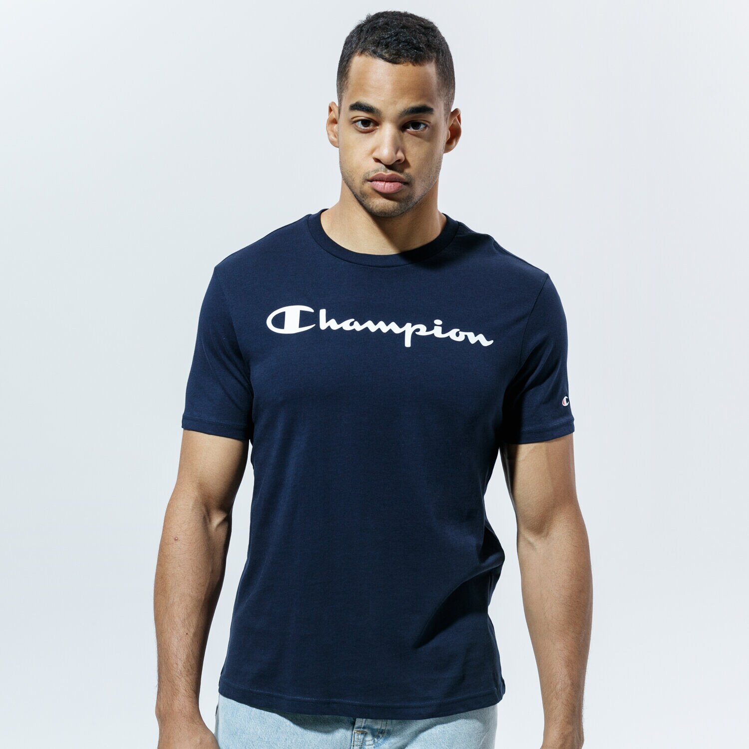 Koszulka, t-shirt sportowy męski CHAMPION T-SHIRT CREWNECK T-SHIRT 214747BS501 GRANATOWY