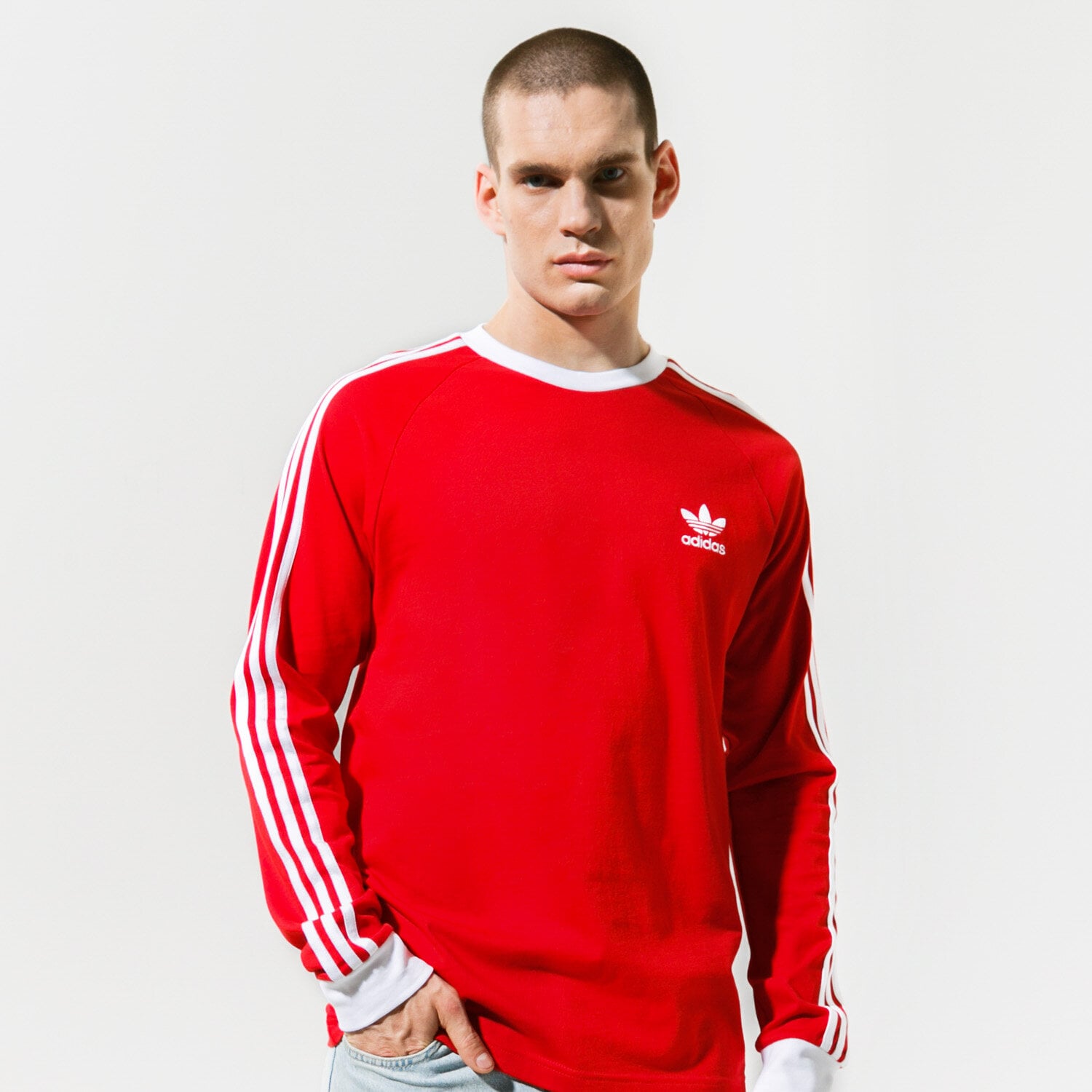 Koszulka, t-shirt sportowy męski ADIDAS T-SHIRT 3-STRIPES LS T GN3489 CZERWONY