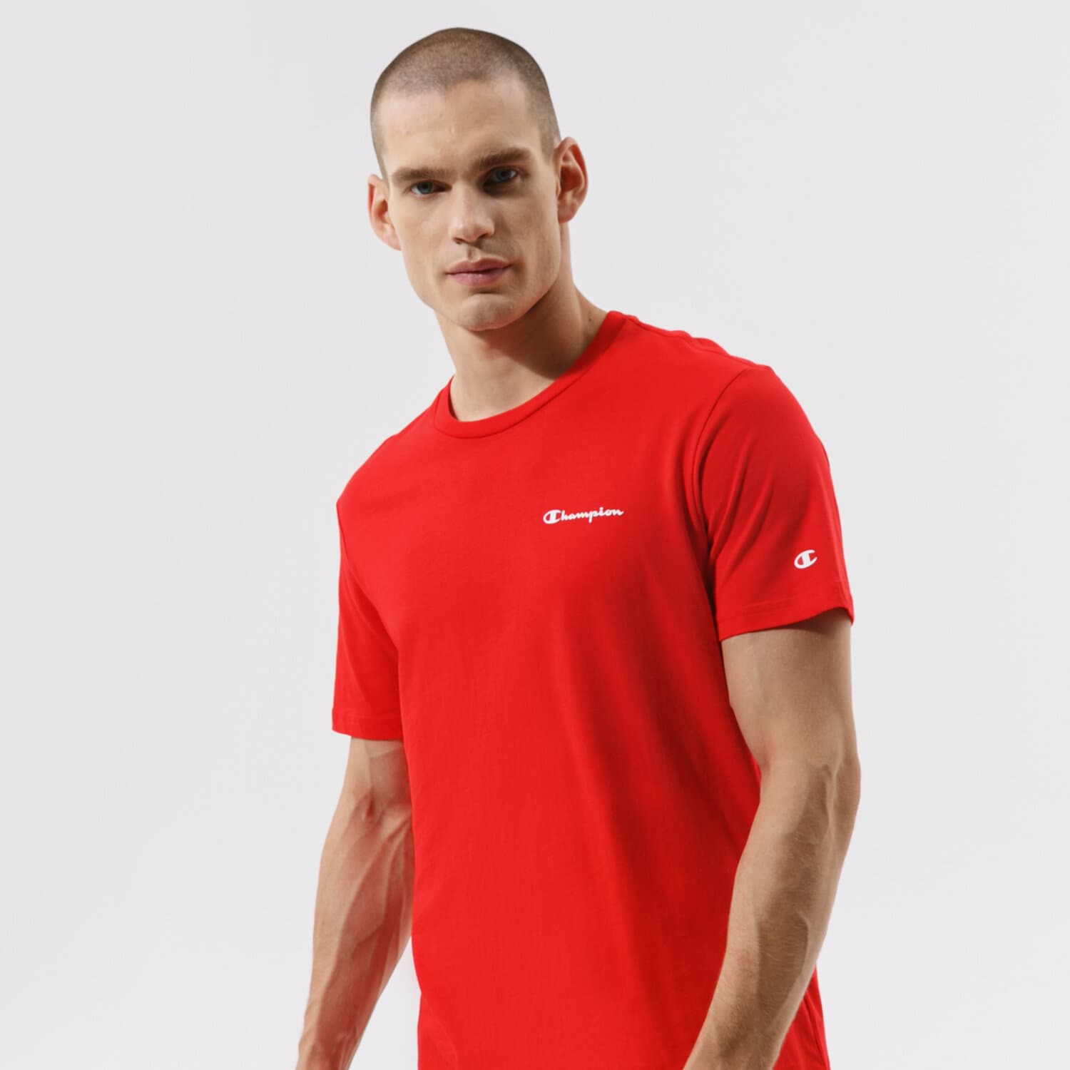 Koszulka, t-shirt sportowy męski CHAMPION T-SHIRT CREWNECK T-SHIRT 214153RS046 CZERWONY