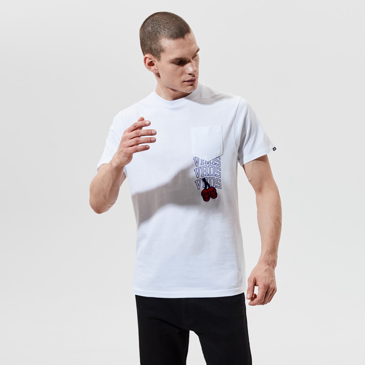 Koszulka, t-shirt sportowy męski VANS T-SHIRT MN NEW VARSITY POCKET SS WHITE VN0A54C7WHT1 BIAŁY