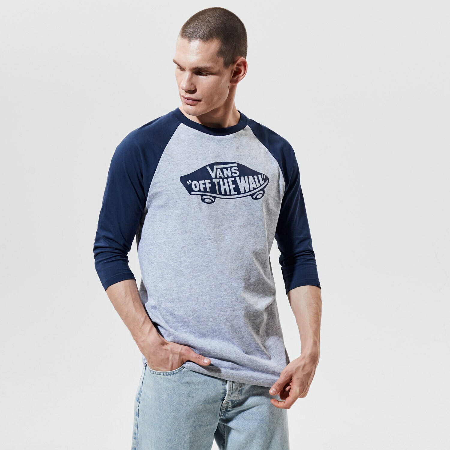 Koszulka, t-shirt sportowy męski VANS T-SHIRT MN OTW RAGLAN ATHLETIC HEATHER/DRESS BLUES VN000XXMKOO1 SZARY