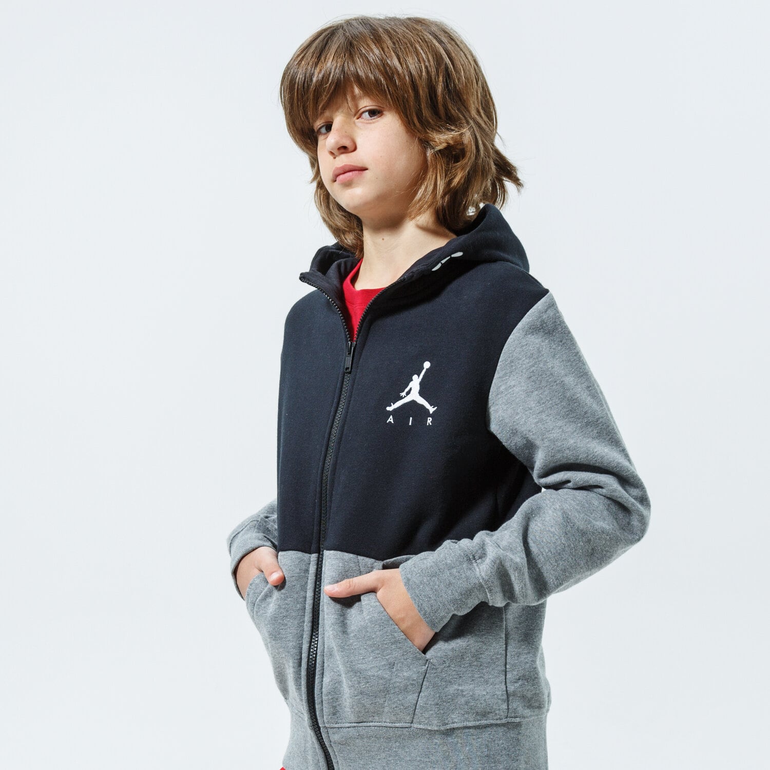 Sportowa bluza dziecięca JORDAN BLUZA ROZPINANA Z KAPTUREM JUMPMAN AIR FLEECE FZ 957583-K6N SZARY