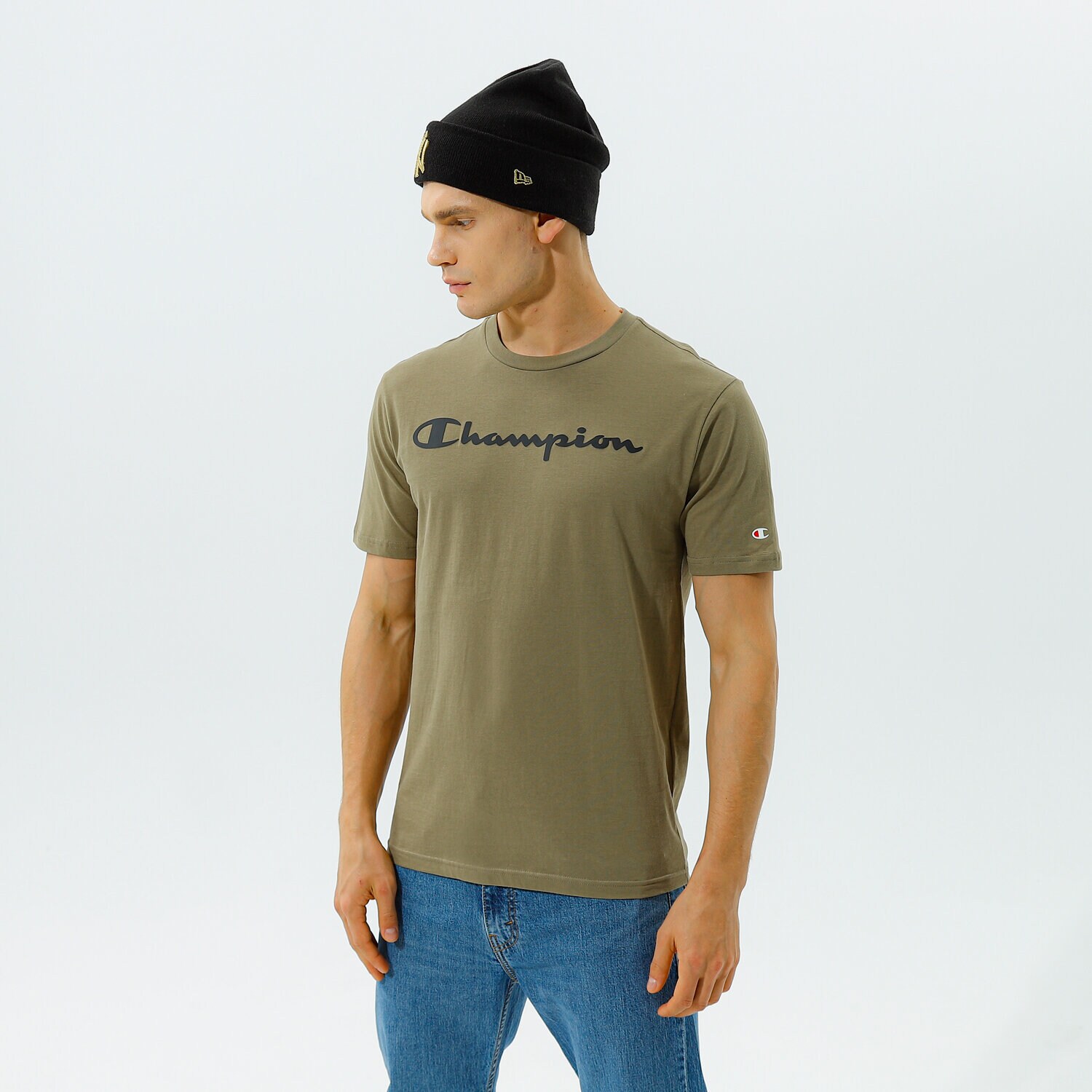 Koszulka, t-shirt sportowy męski CHAMPION T-SHIRT CREWNECK T-SHIRT 214747GS044 KHAKI