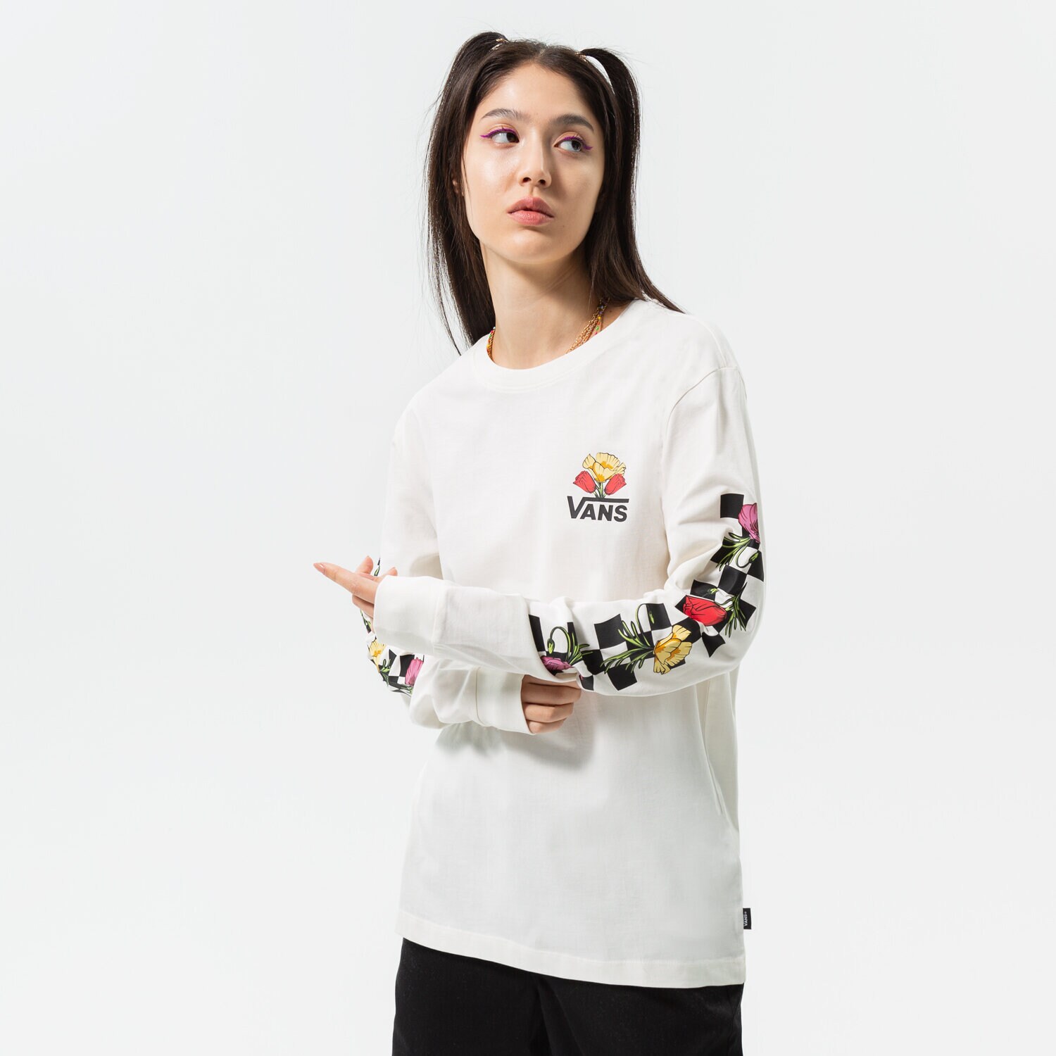 Koszulka, t-shirt damski VANS T-SHIRT POPPY CHECK LS BFF VN0A7YV9FS81 BIAŁY