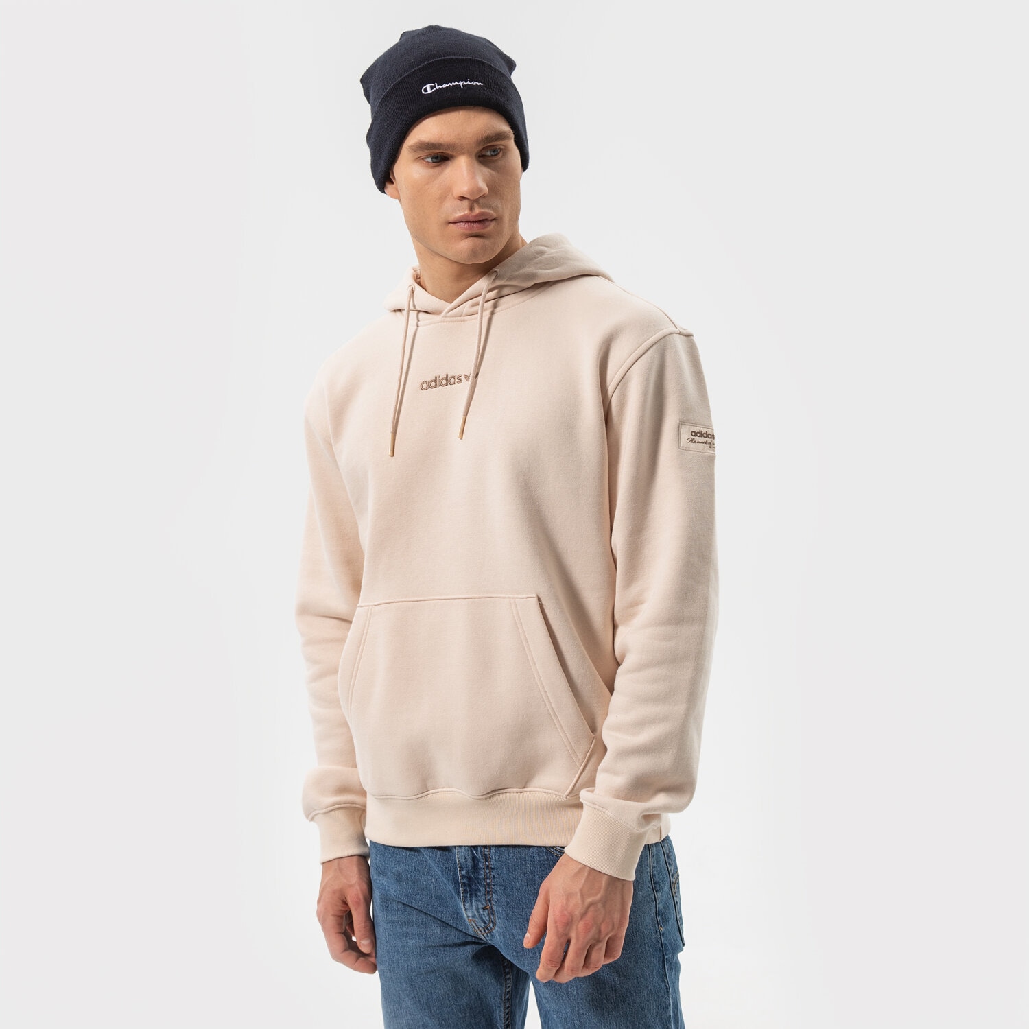 Bluza męska ADIDAS BLUZA Z KAPTUREM TREFOIL LINEAR LABEL HOODIE HM2654 BEŻOWY