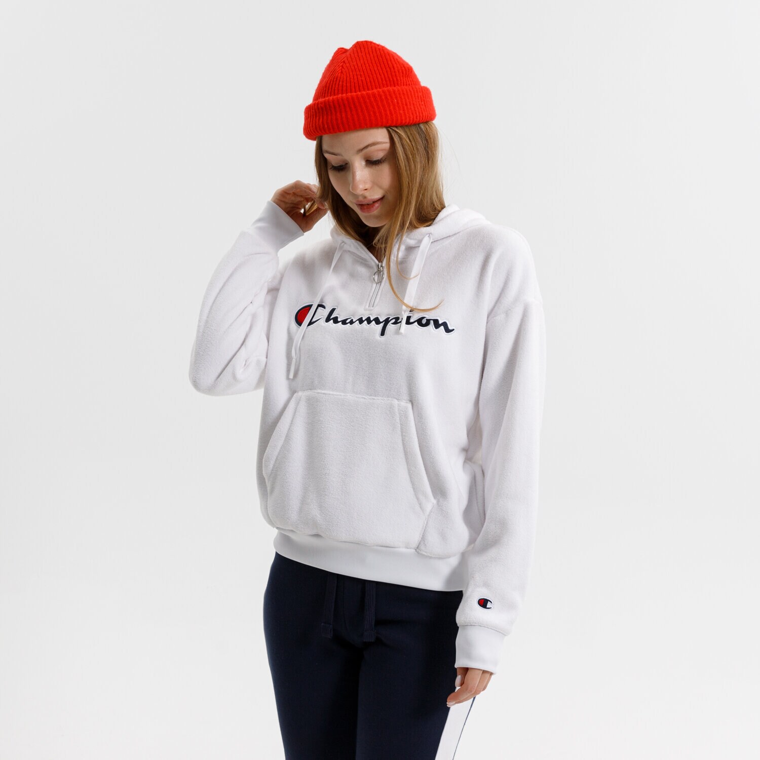 Bluza damska CHAMPION POLAR HOODED HALF ZIP SWEATSHIRT 114763WW001 BIAŁY