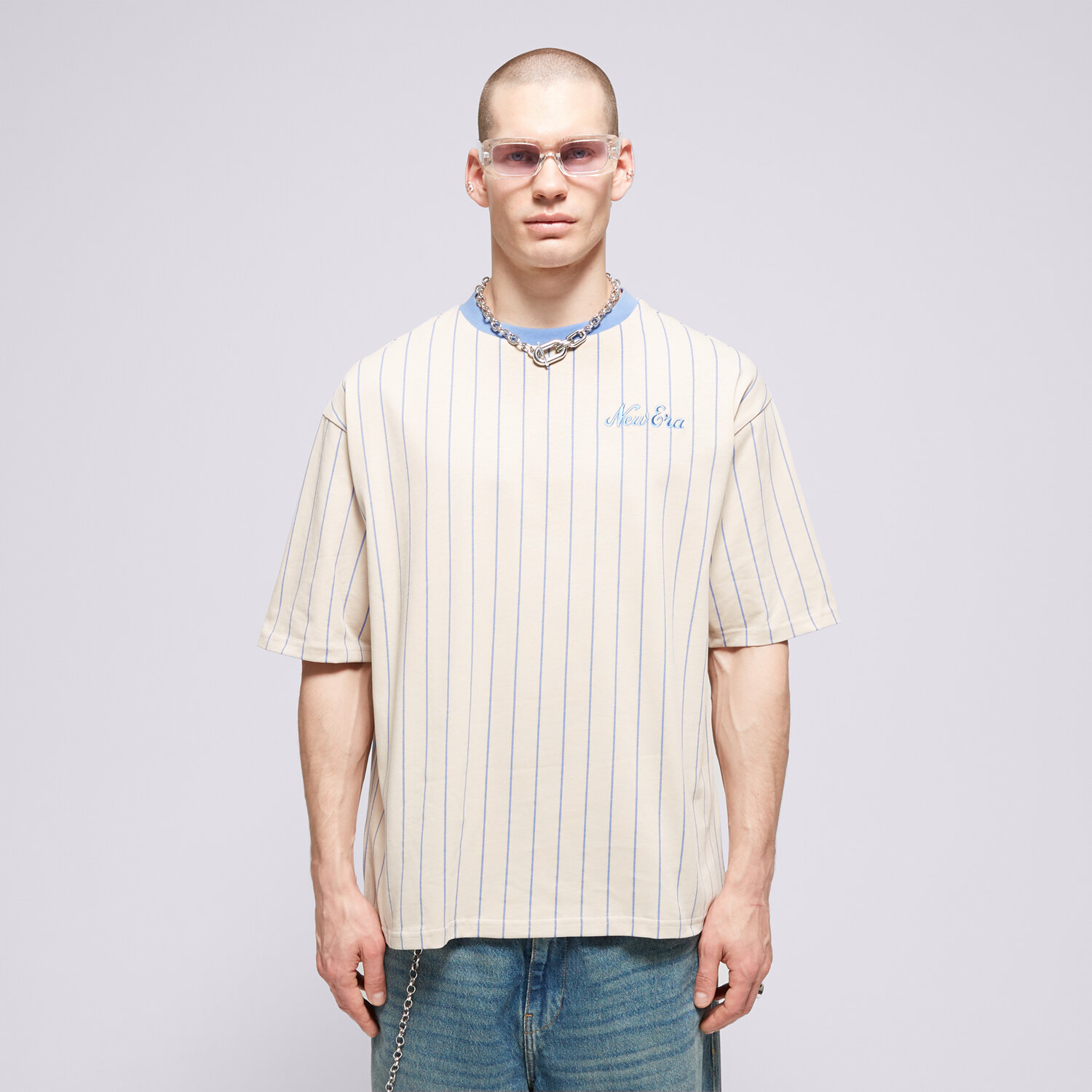 Koszulka, t-shirt sportowy męski NEW ERA T-SHIRT NE PINSTRIPE OS NONE 60435410 BEŻOWY
