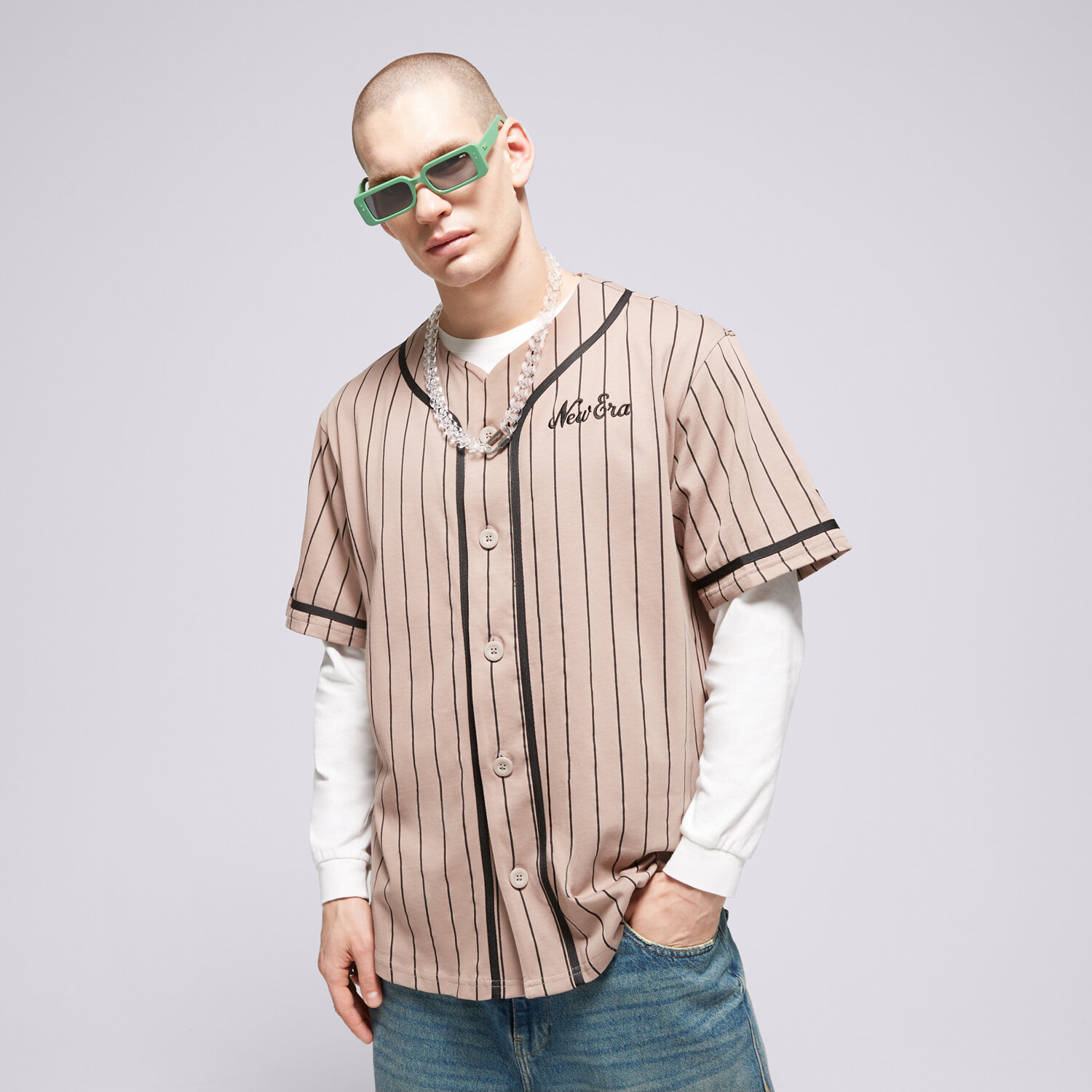Koszulka, t-shirt sportowy męski NEW ERA T-SHIRT NE PINSTRIPE JERSEY NONE 60435421 BEŻOWY