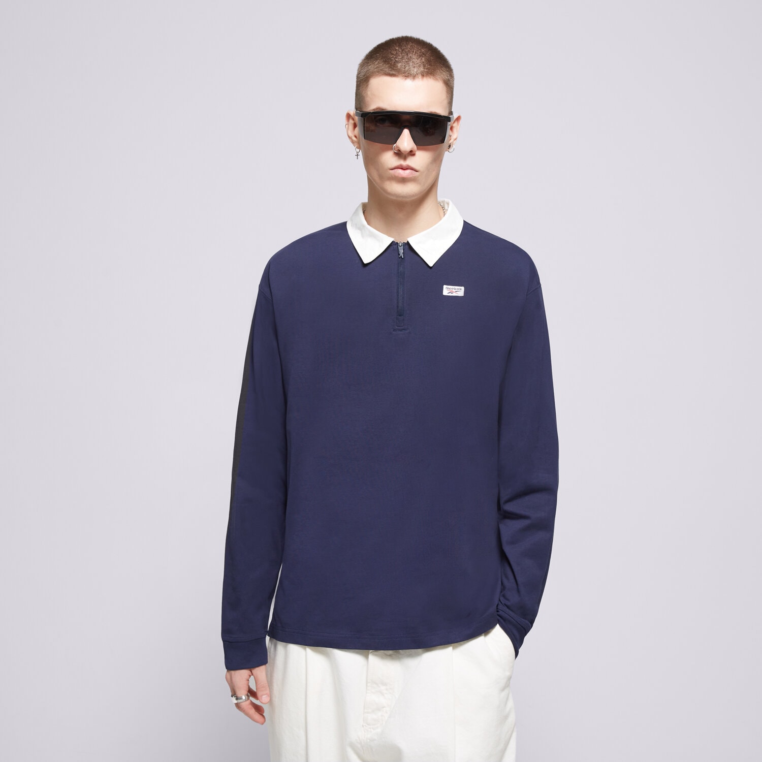 Koszulka, t-shirt sportowy męski REEBOK POLO COURT SPORT QUARTER ZIP 100075580 GRANATOWY