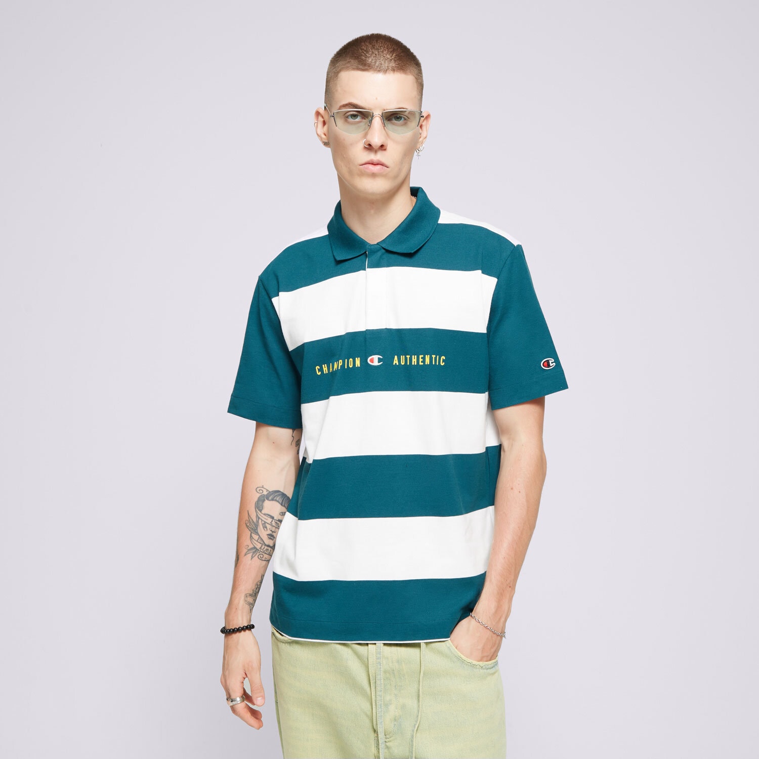 Koszulka, t-shirt sportowy męski CHAMPION POLO STRIPED POLO 219858GS549 ZIELONY