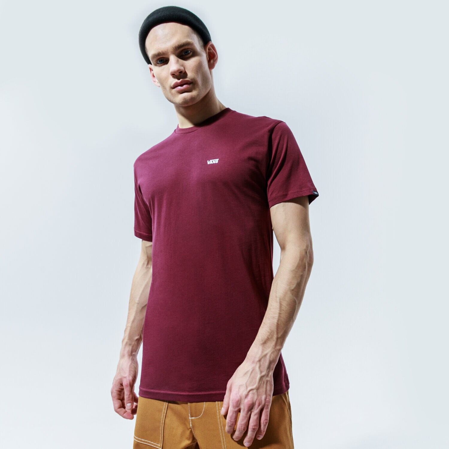Koszulka, t-shirt sportowy męski VANS T-SHIRT LEFT CHEST LOGO TEE PORT ROYALE-WHITE VN0A3CZEK1O1 BORDOWY