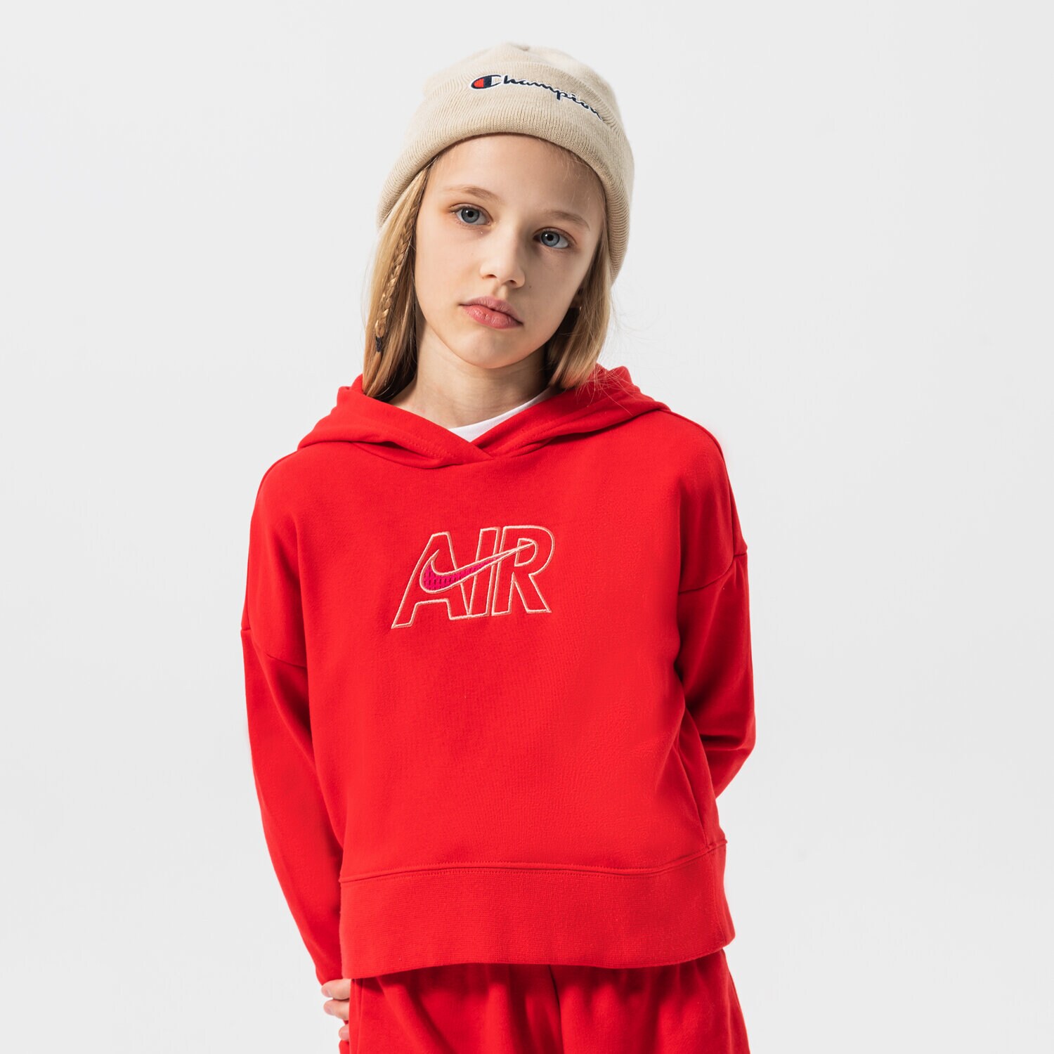 Sportowa bluza dziecięca NIKE BLUZA Z KAPTUREM G NSW AIR FT CROP GIRL DM8372-657 CZERWONY