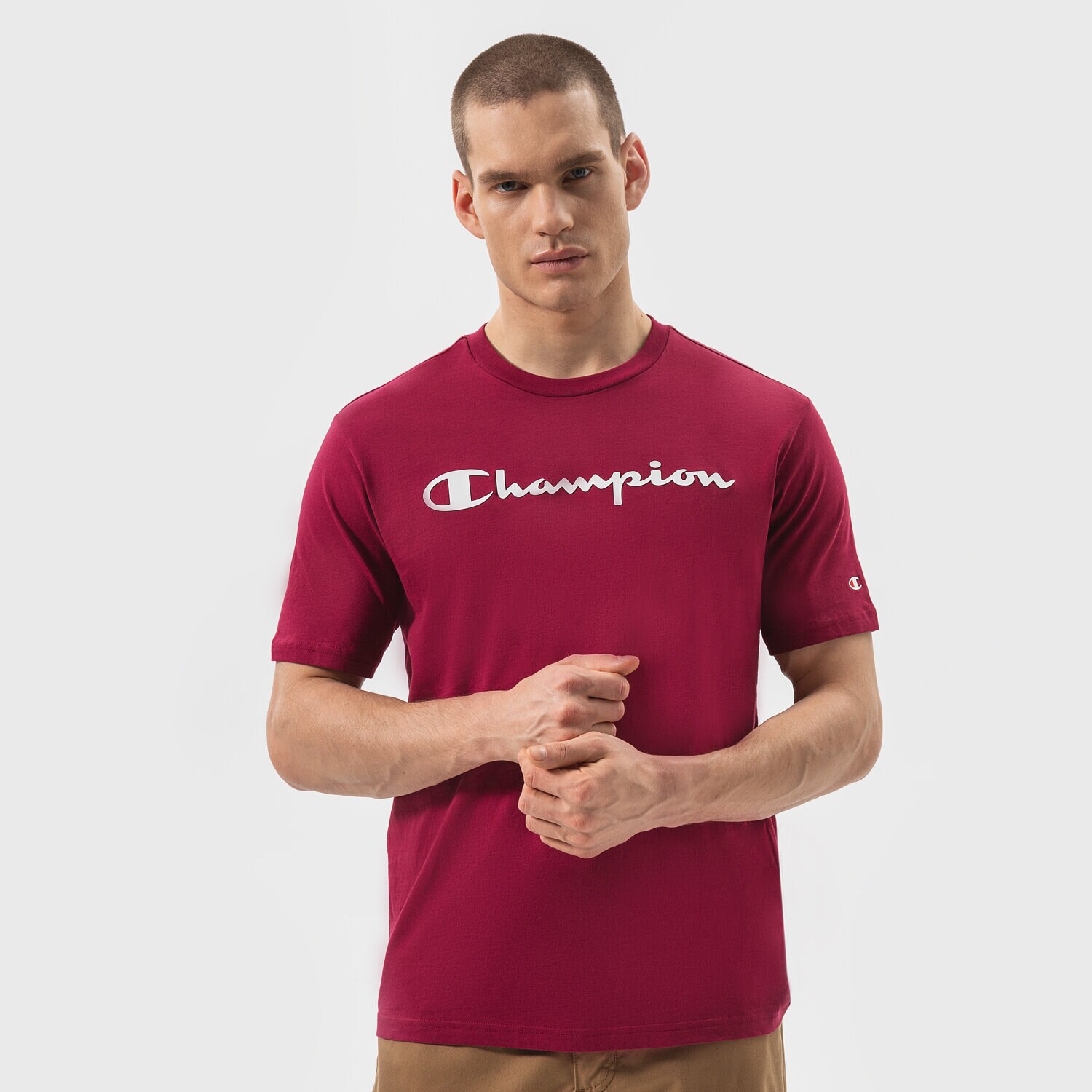 Koszulka, t-shirt sportowy męski CHAMPION T-SHIRT CREWNECK T-SHIRT 214747VS516 BORDOWY