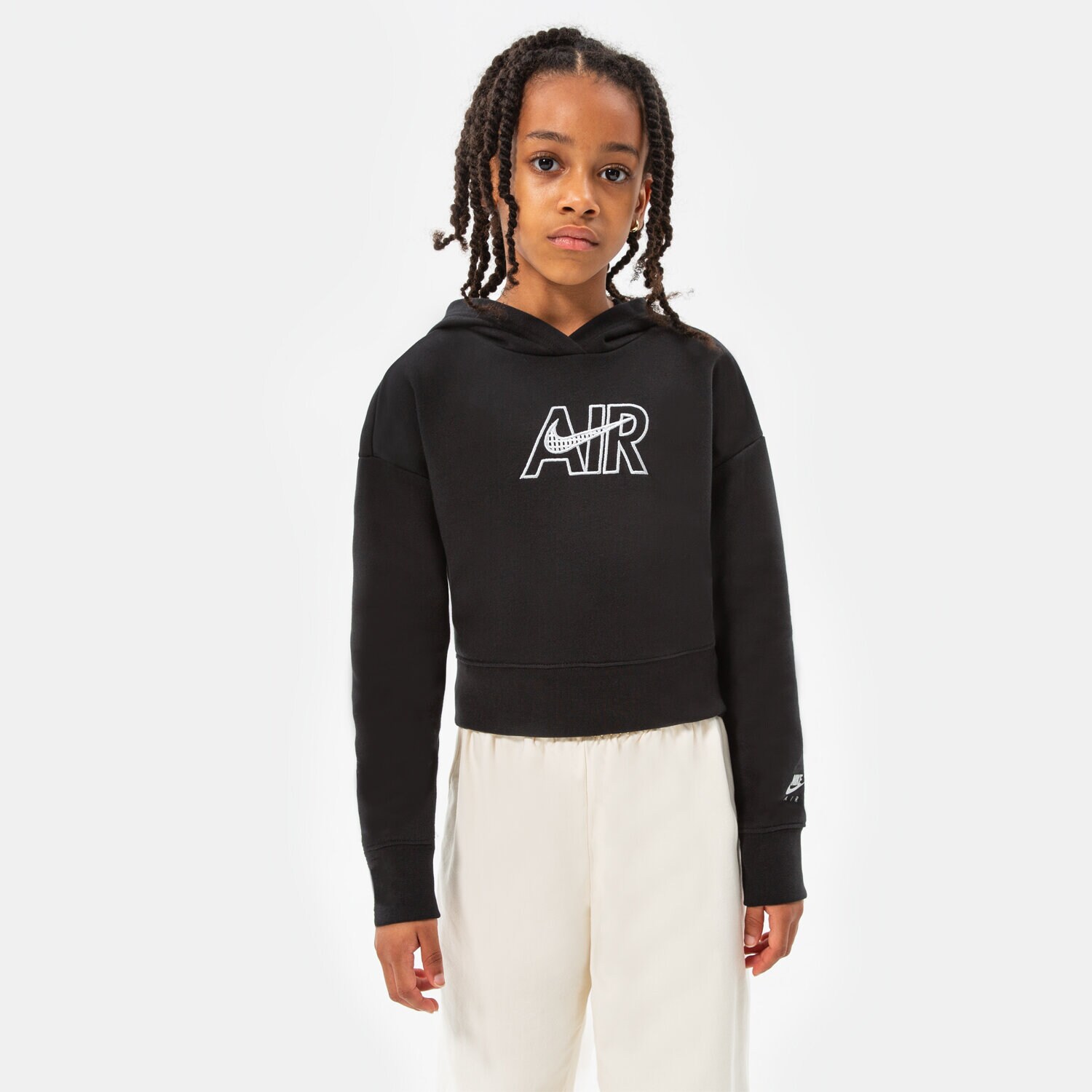Sportowa bluza dziecięca NIKE BLUZA Z KAPTUREM G NSW AIR FT CROP HOODIE GIRL DM8372-010 CZARNY