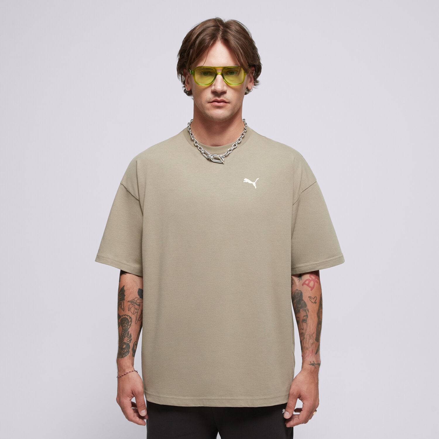 Koszulka, t-shirt sportowy męski PUMA T-SHIRT WARDROBE ESS OVERSIZED TEE 629646 83 BEŻOWY