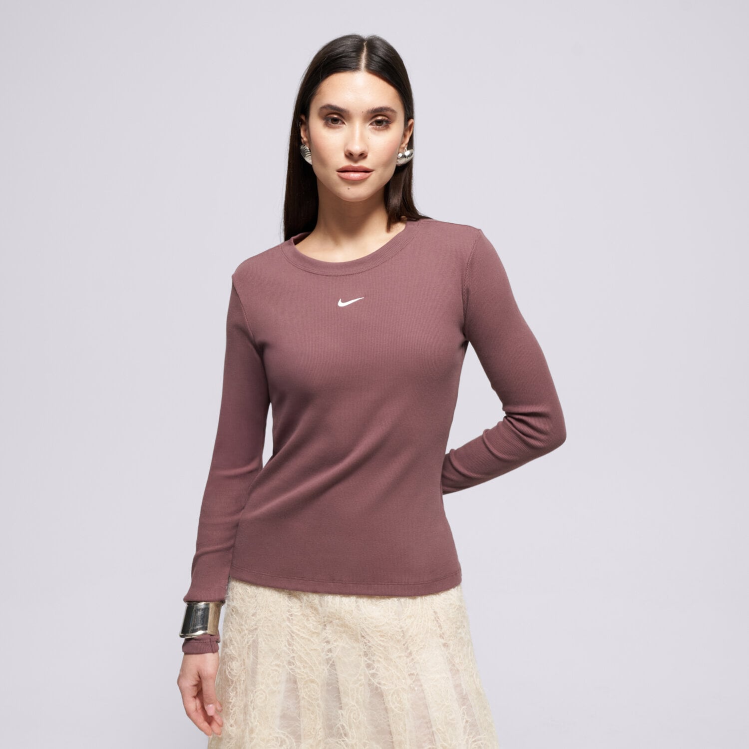 Koszulka, t-shirt damski NIKE T-SHIRT LS TEE RIB TIGHT W NSW IH7691-502 BRĄZOWY