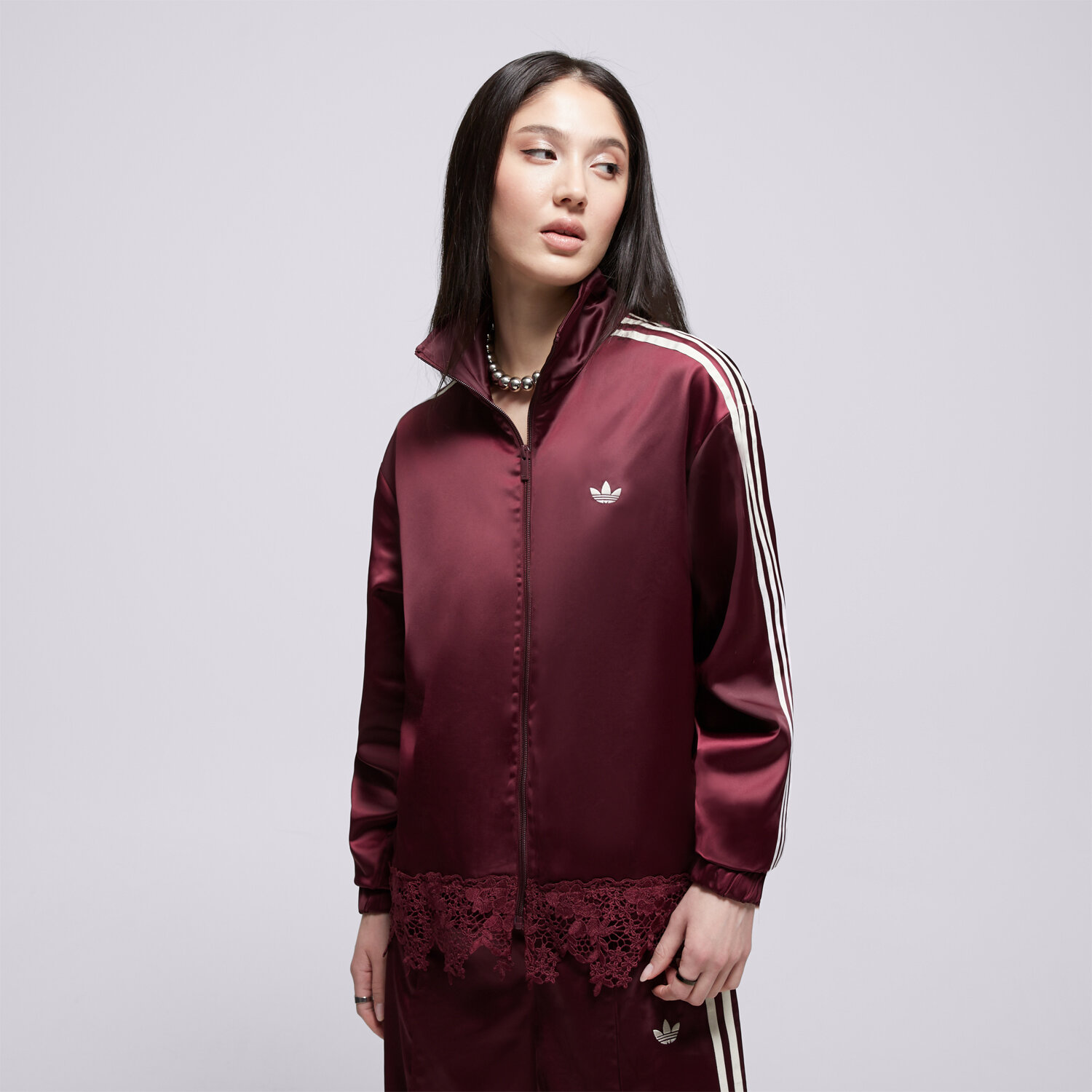 Bluza damska ADIDAS BLUZA ROZPINANA SATIN LACE TRACK TOP LOOSE FIREBIRD LD1804 BORDOWY