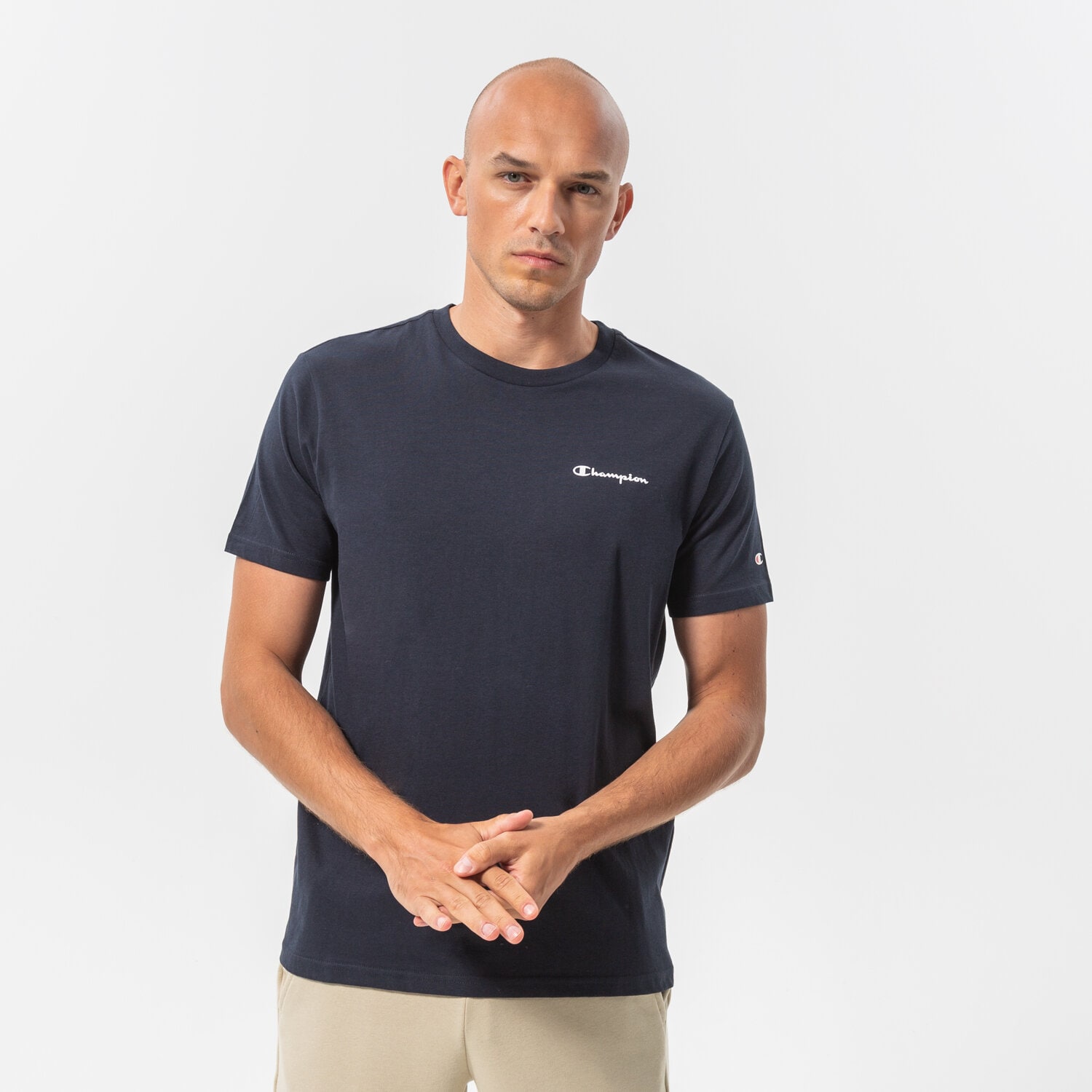Koszulka, t-shirt sportowy męski CHAMPION T-SHIRT CREWNECK T-SHIRT 218281BS501 GRANATOWY