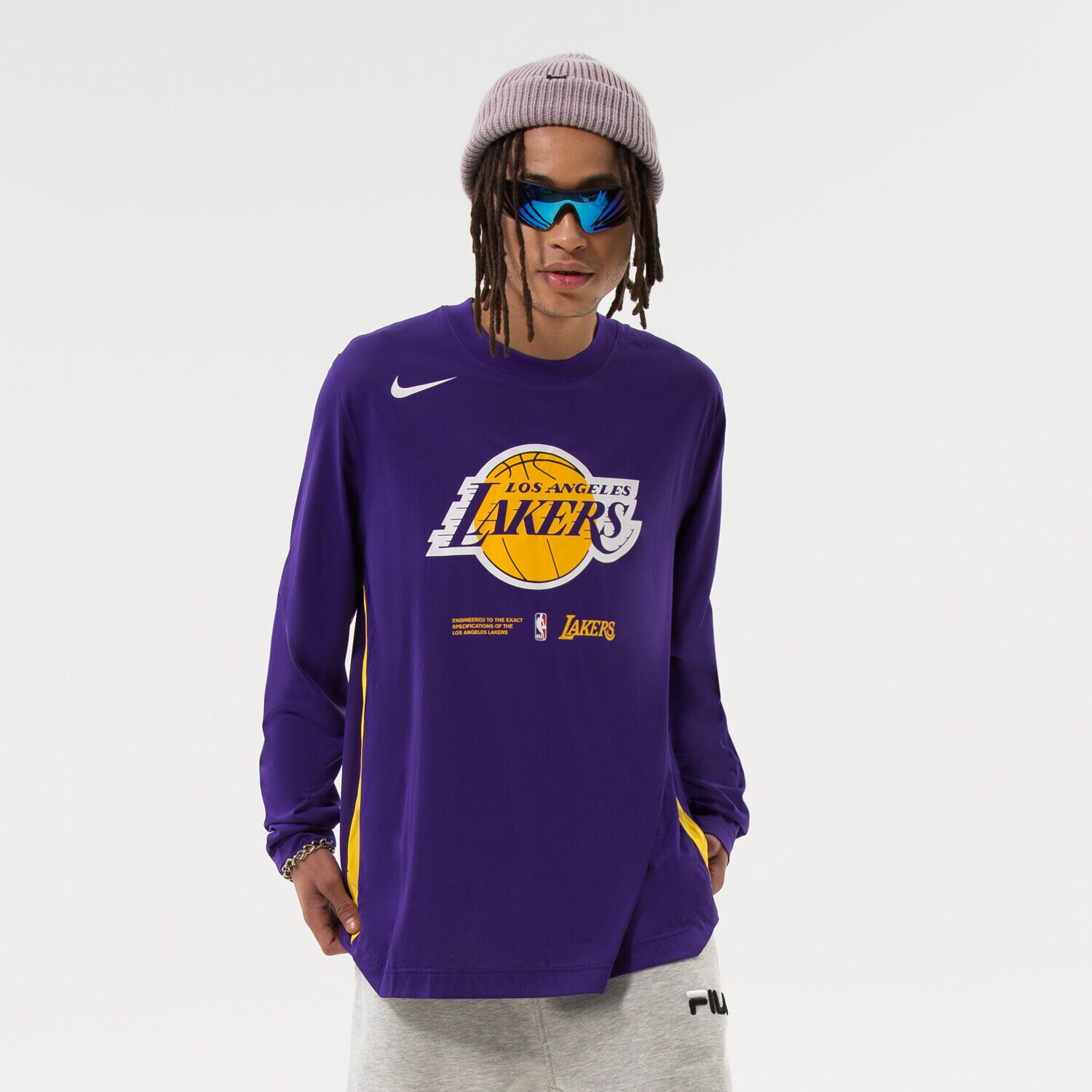 Koszulka, t-shirt sportowy męski NIKE T-SHIRT LAL M NK DF LS TOP PREGM NBA DN4615-504 FIOLETOWY
