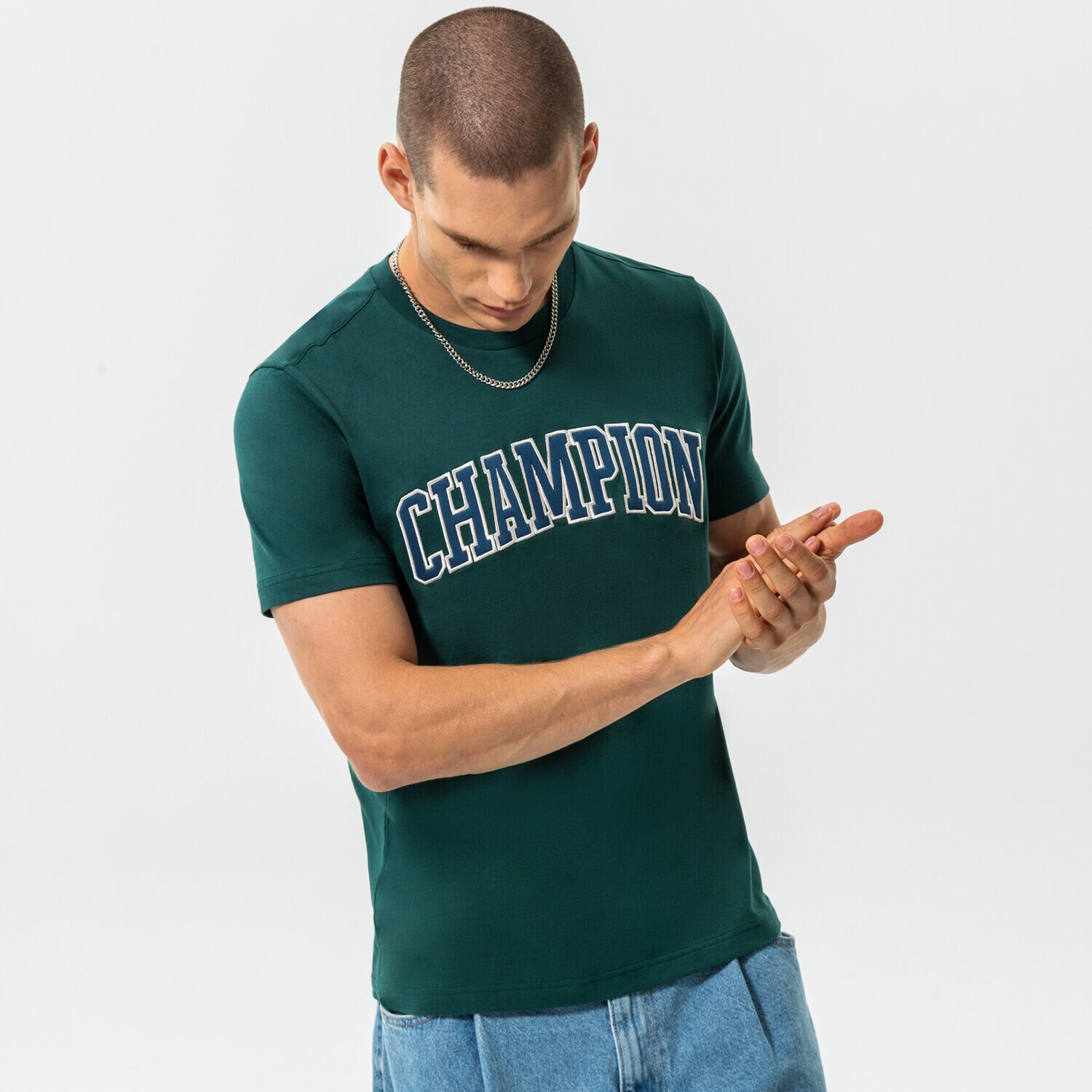 Koszulka, t-shirt sportowy męski CHAMPION T-SHIRT CREWNECK T-SHIRT 217882GS569 ZIELONY