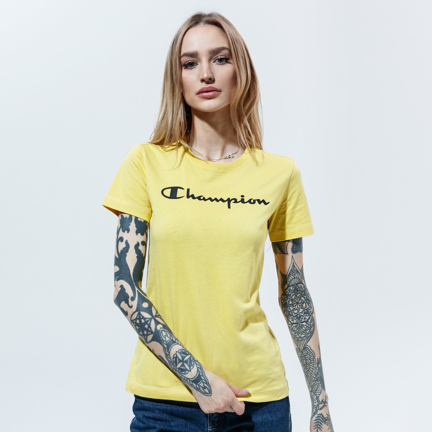 Koszulka, t-shirt damski CHAMPION T-SHIRT CREWNECK T-SHIRT 113223YS087 ŻÓŁTY